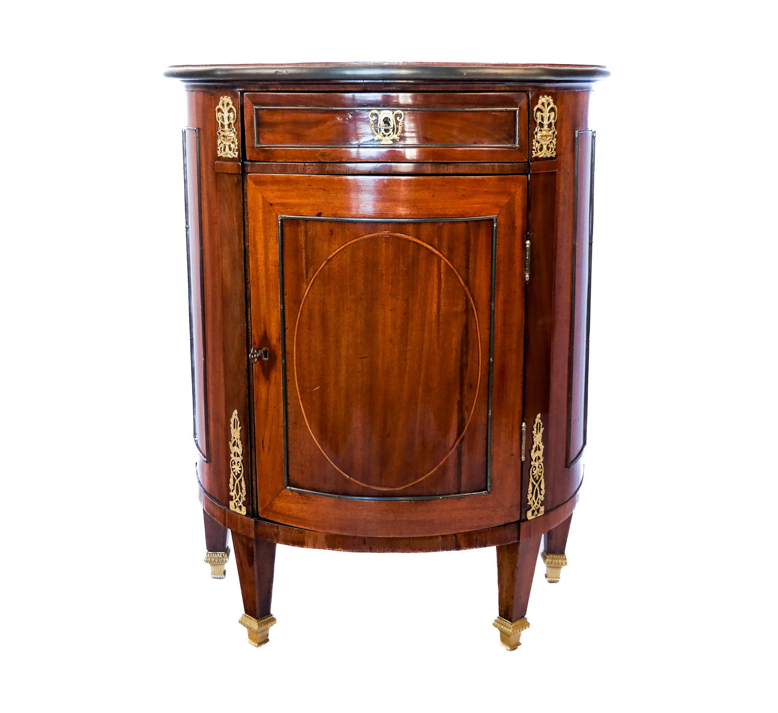 Regency Mahogany Demilune Petite Cabinet: Regency mahogany and gilt metal petite cabinet, 19th century, with simple elegant inlay and metal mounts. [30.75"H x 24.5" W x 14" D]. Locks not working. Property of an important NY philanthropic fami