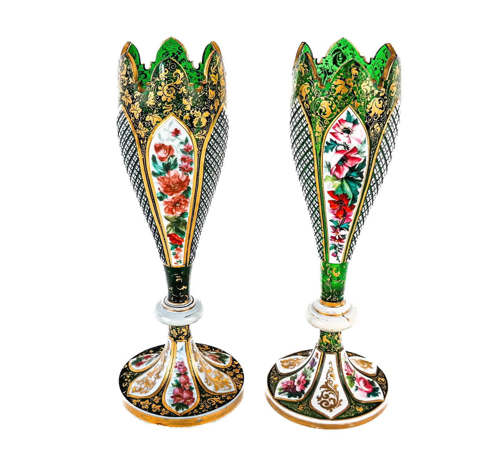 Pair of Bohemian Cut to Clear Vases: A pair of Bohemian vasiform cut to clear white, green, and gilt vases having floral and diamond cut design on green glass. [11.5" H]. Property of an important NY philanthropic family.