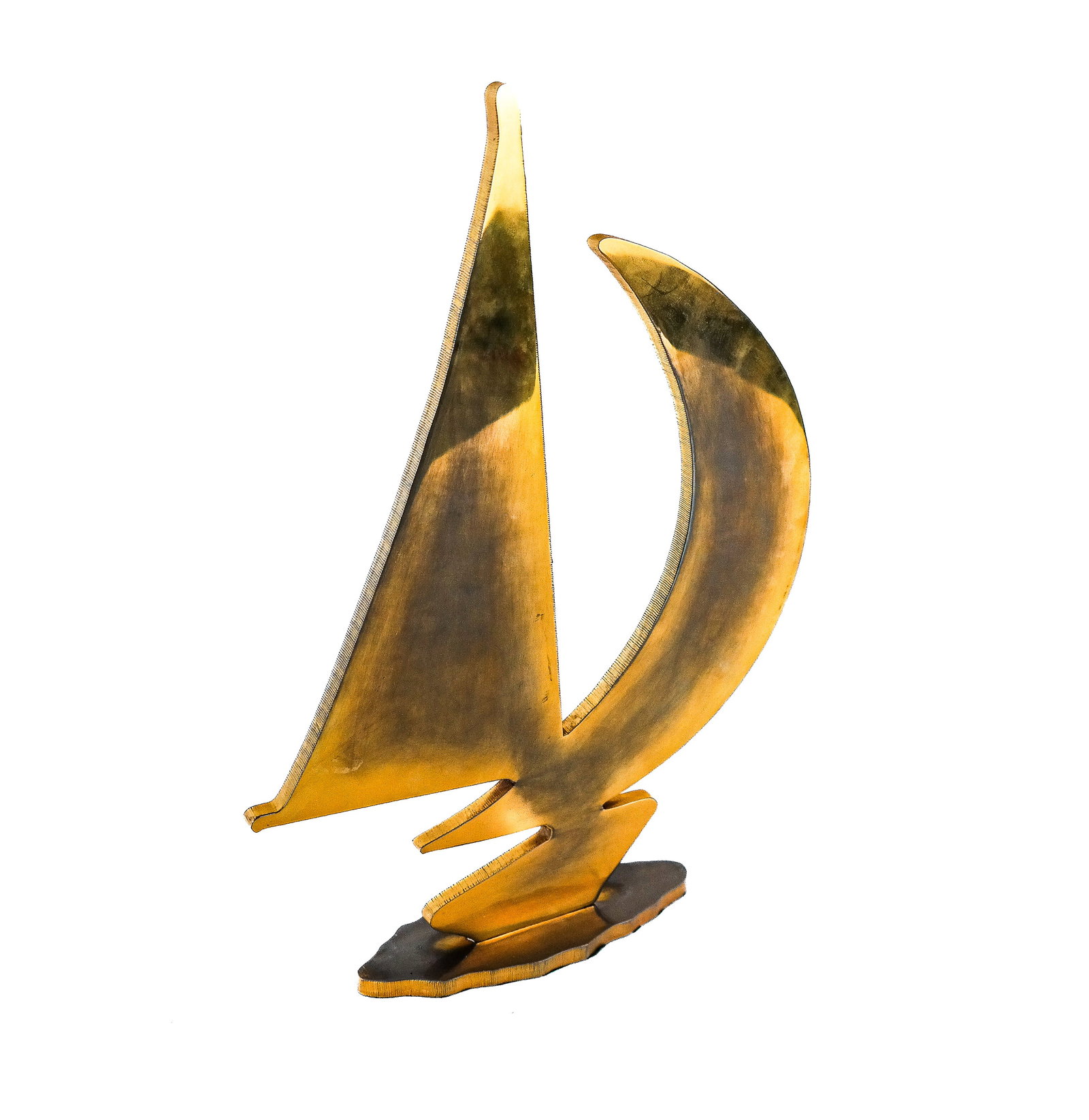 Signed Abstract Bronze Sailing Ship: A bronze abstract sailing ship with crescent moon, signed to shaped plinth "Le Roger" (?). [17" H x 11" W]. Property of an important NY philanthropic family. Condition reports and requests for additio