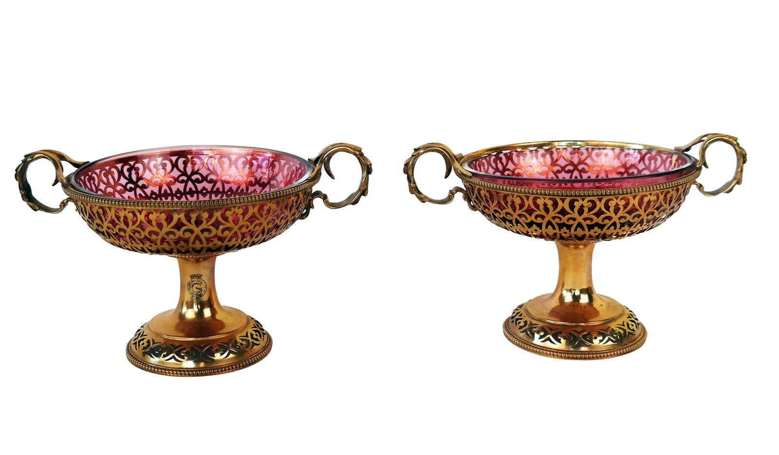 English Silver Vermeil and Glass Compotes (2): George V Pair of English silver vermeil and cranberry glass reticulated compotes by George Fox, London, 1865, marks to side, 16.1 ozt. total exclusive of liner. [5" H x 8" Diameter] Property of an imp