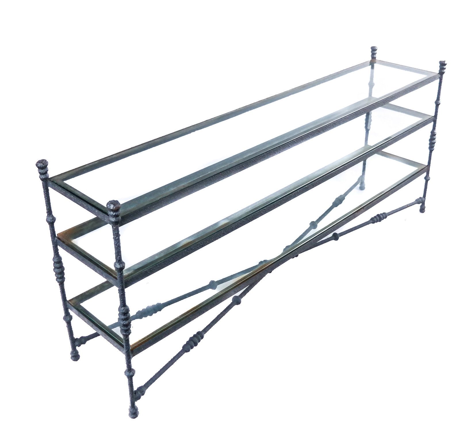 Neoclassical Black Painted and Glass Outdoor Etagere/Console: Italian Neoclassical black painted, hand hammered and glass outdoor etagere or console, 20th century [31" H x 71 " L x 16" D] Property of an important NY philanthropic family.