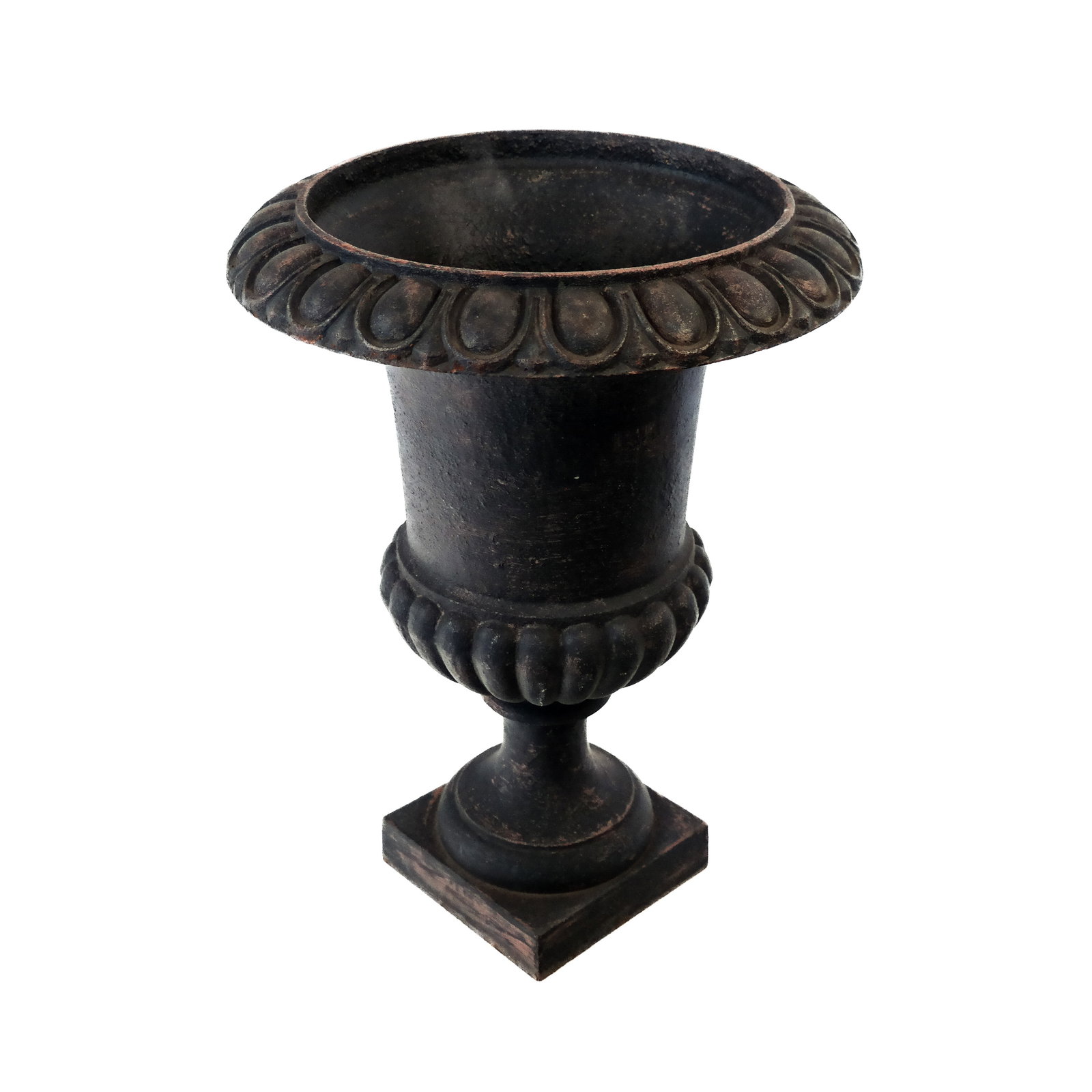 Neoclassical Iron Urn: Neoclassical black painted urn with gadrooning, raised on a square plinth [18" H x 14" Diameter] Property of an important NY philanthropic family. Condition reports and requests for additional photos 