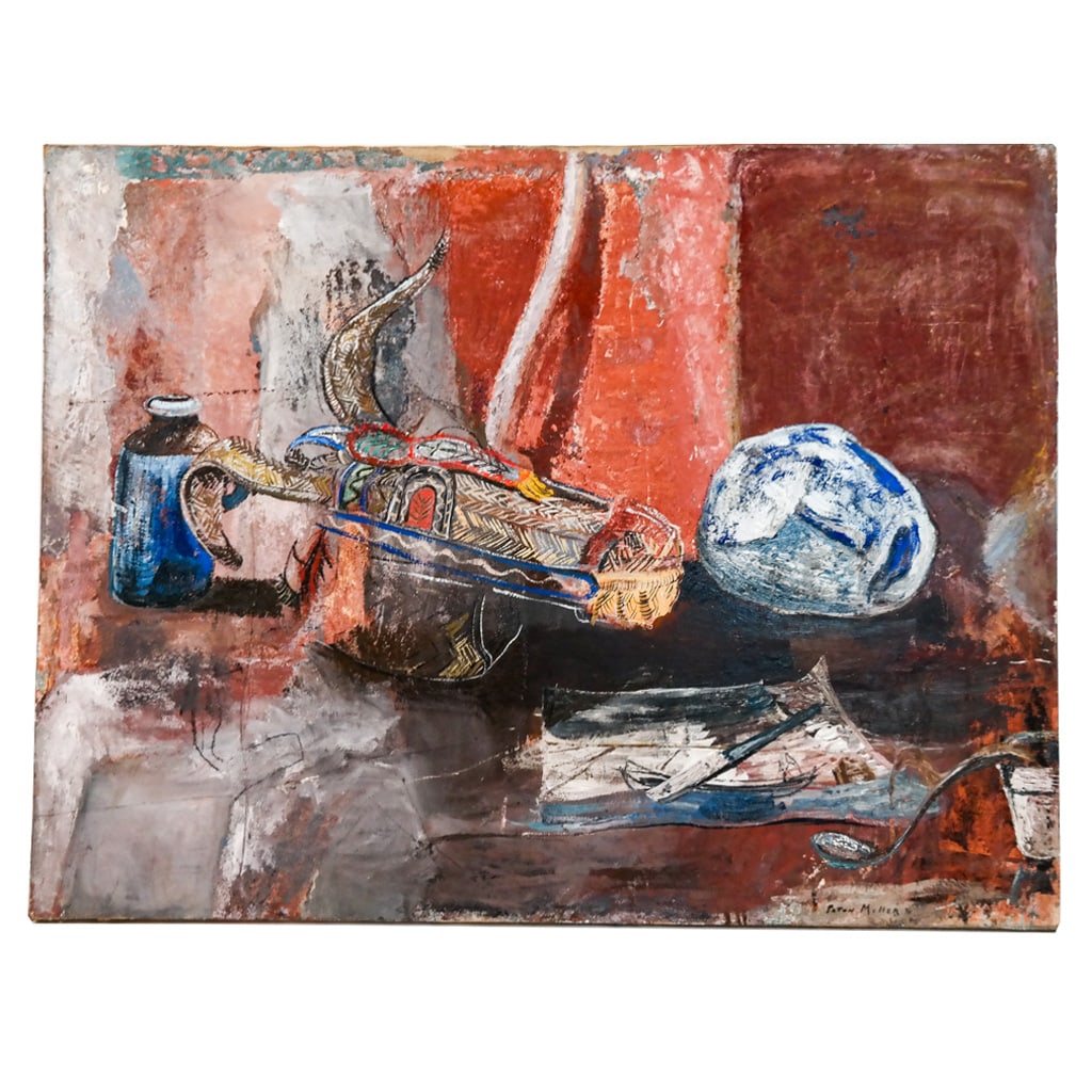 Paton MILLER: Still Life - Mixed Media on Canvas: Paton Miller (American, b. 1953) still life with carnival mask, in mixed media on canvas, signed and dated at top right "Paton Miller '84" and again at bottom right "Paton Miller '96". [Art: 47" H x 6