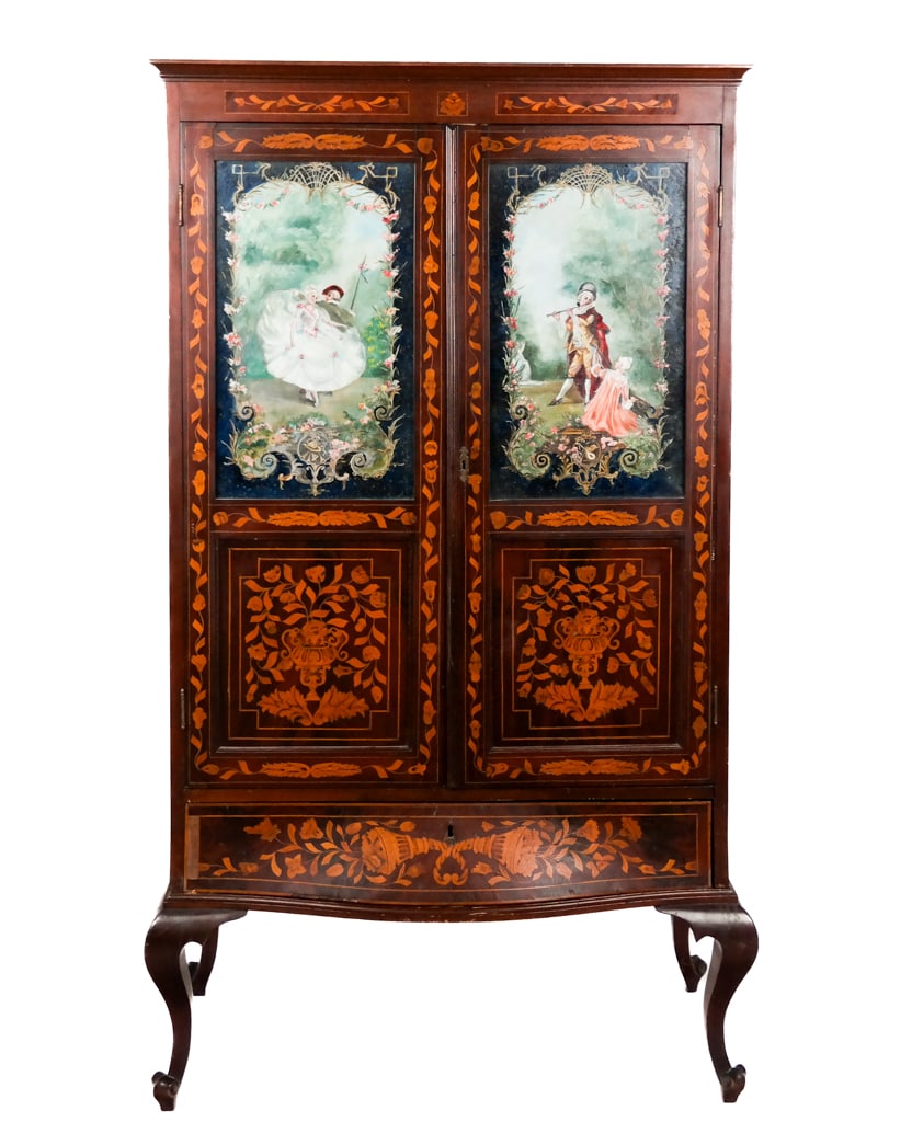 Dutch Marquetry and Painted Door Cabinet: Dutch marquetry-inlaid two-door cabinet having inset oil on canvas behind glass doors, opening to an open shelf above six full and two half flat file drawers, atop a bombe base drawer and separate bas