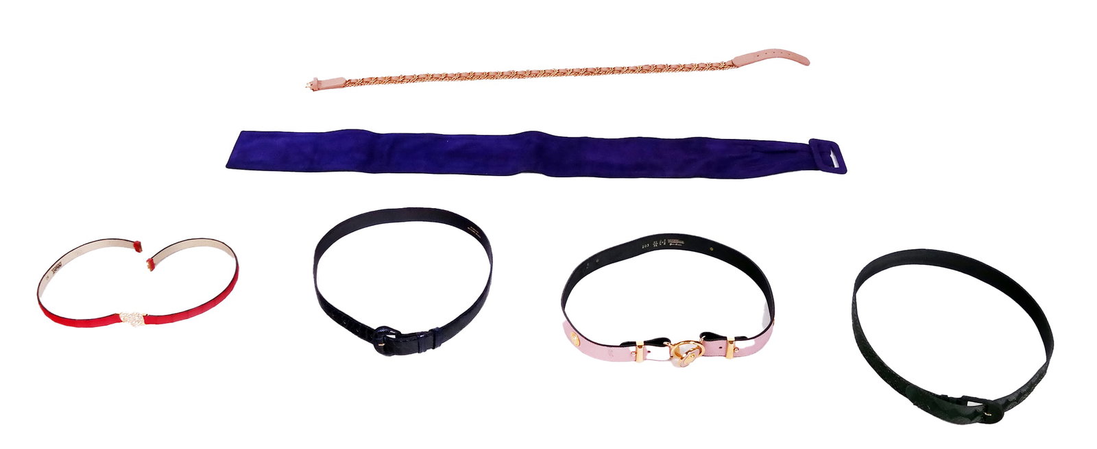 Women's Leather Designer Belts (7): Six women's leather designer belts including a Loewe purple nubuck leather belt with stamped logo on reverse [4" W x 38" long], Loewe purple alligator skin belt, made in Italy [29-33"], Valentino red