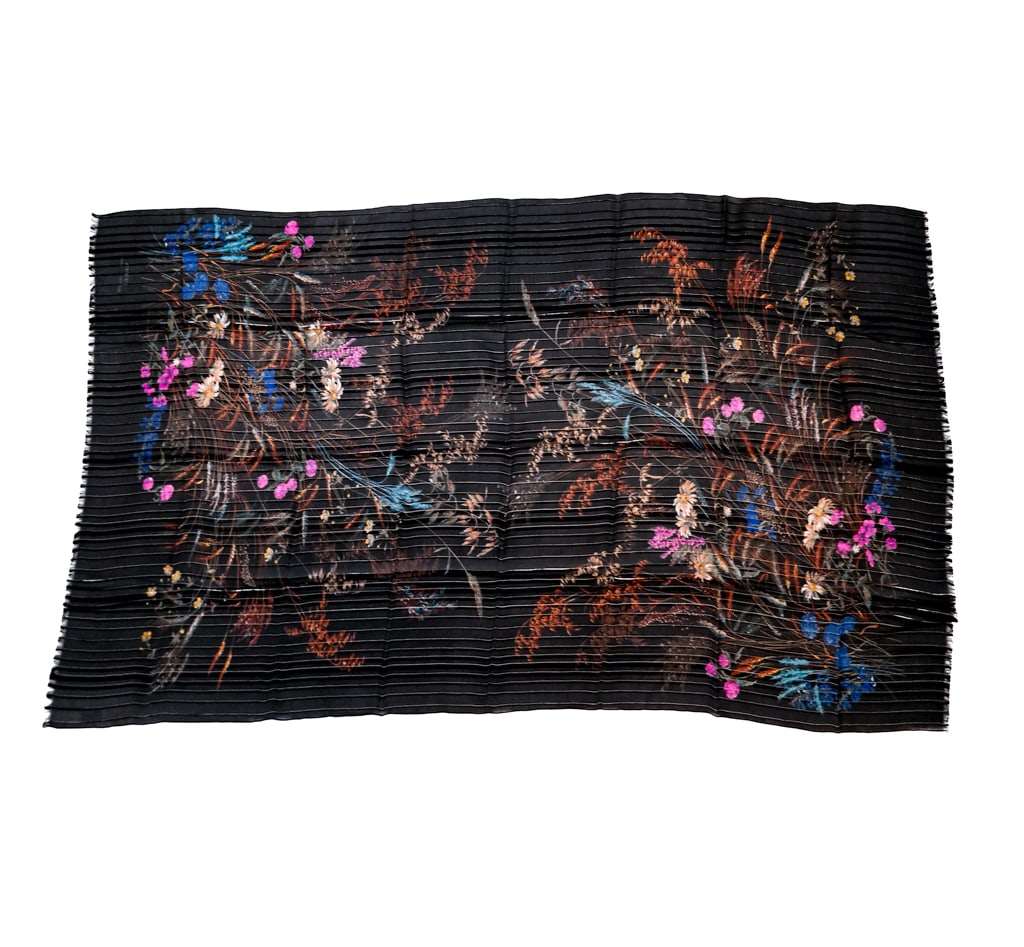 Gucci Vintage Silk Chiffon Scarf: Vintage Gucci silk scarf with sheer black ground with metallic embellishment and Japanese inspired polychrome floral design; signed on the scarf. [36" W x 68" L]. Overall condition is good with minor