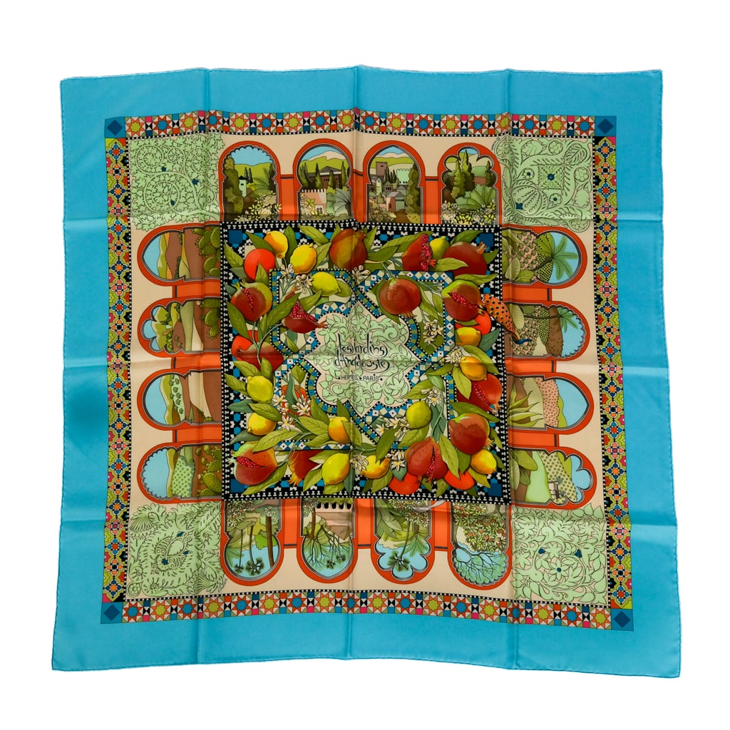 Hermes Silk "Les Jardins d'Andalousie" Scarf: Hermes silk "Les Jardins d'Andalousie" scarf designed by Aline Honore 2006, in turquoise with a Moorish design; signed on the scarf with hand rolled hem. [34" Square]. Overall condition is very good.