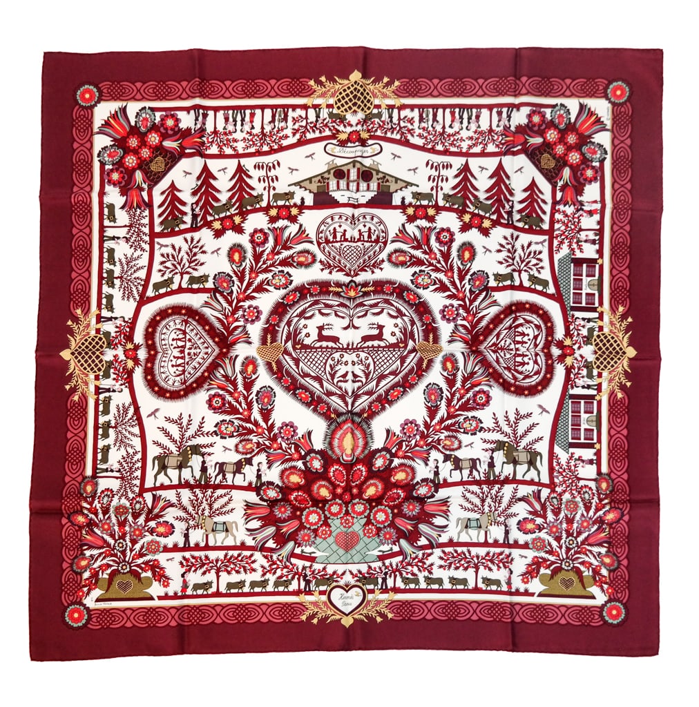 Hermes Silk "Decoupages" Scarf: Hermes silk "Decoupage" scarf designed by Anne Rosat 1997, in Bordeaux with Dutch design; signed on the scarf with hand rolled hem. [34" Square]. Overall condition is very good. Property of an importa