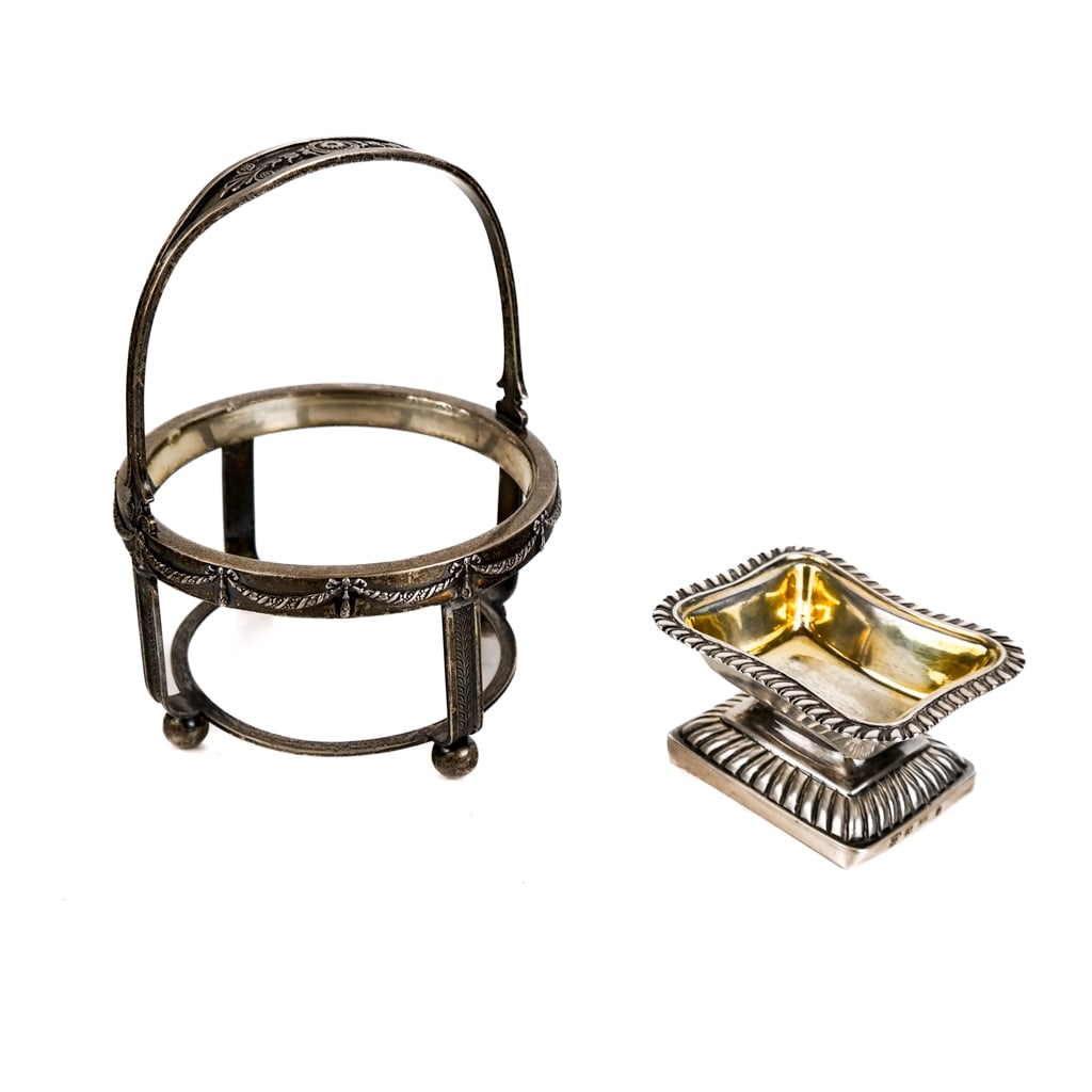 1835 Russian Silver Standing Salt and Other: Russian Neoclassical silver standing salt with gold wash interior, bearing an 1835 maker's mark of St. Petersburg silversmith Mikhail Mikailovich Karpinsky [approx. 2.5" H x 3.25" W x 2.5" D], weight 