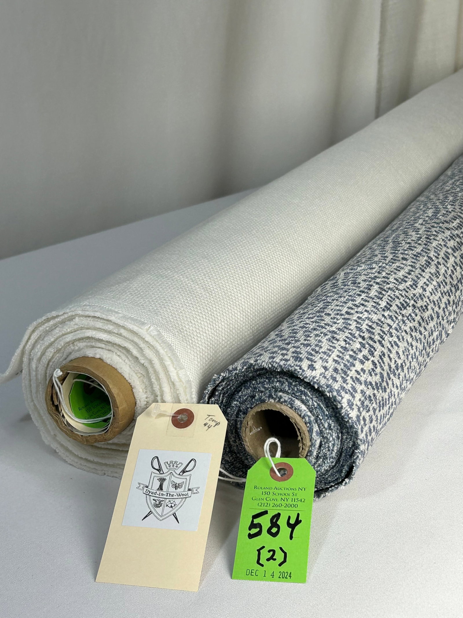 Cheetah Chenille and Holland & Sherry Linen Fabric: 1) 5 yards of blue on white polyester and viscose upholstery chenille in a small-scale cheetah design, 57" width. 14" vertical repeat by 14 1/2" horizontal repeat. Light acrylic backing for extra stab