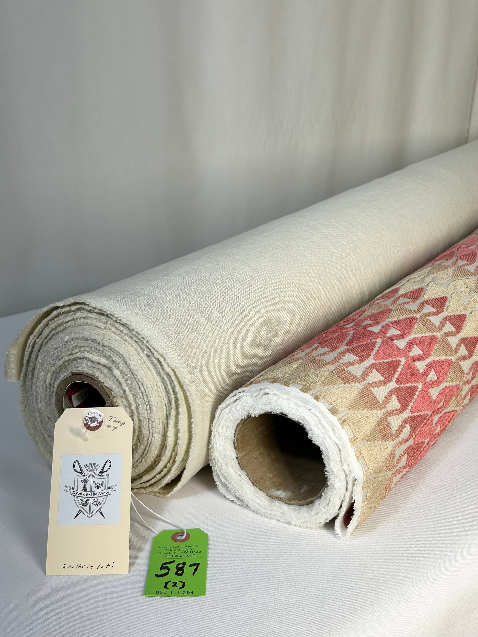Kravet Velvet and C&C Milano Linen Fabric: 1) 4 yards of Kravet's cut, looped and voided figured velvet in a 3-color striped geometric, in cranberry, tan and beige, Ref. # 35069-619-0, 54" wide. The viscose and cotton blended multi-purpose qua