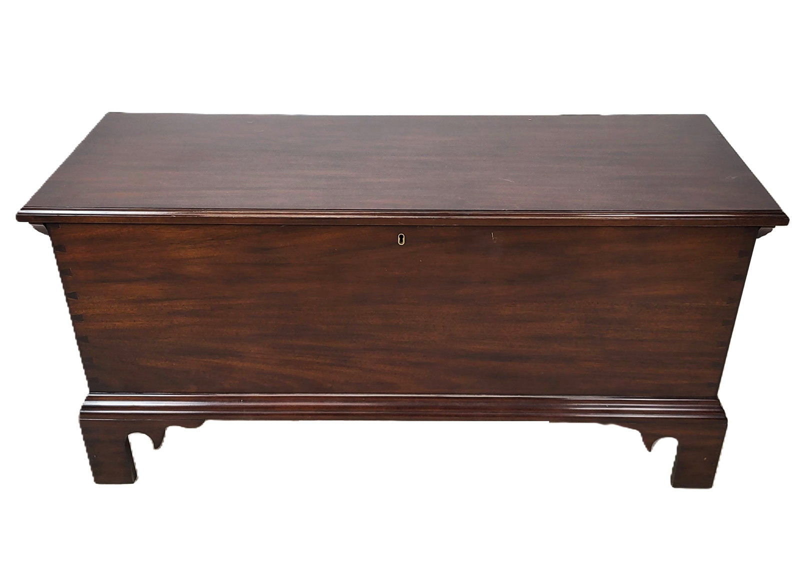 Henkel Harris Mahogany Chest: Henkel Harris mahogany chest of blanket chest, with carved leg details. [21" H x 44" W x 17" D]. In overall very good condition; missing key. Condition reports and requests for additional photos canno