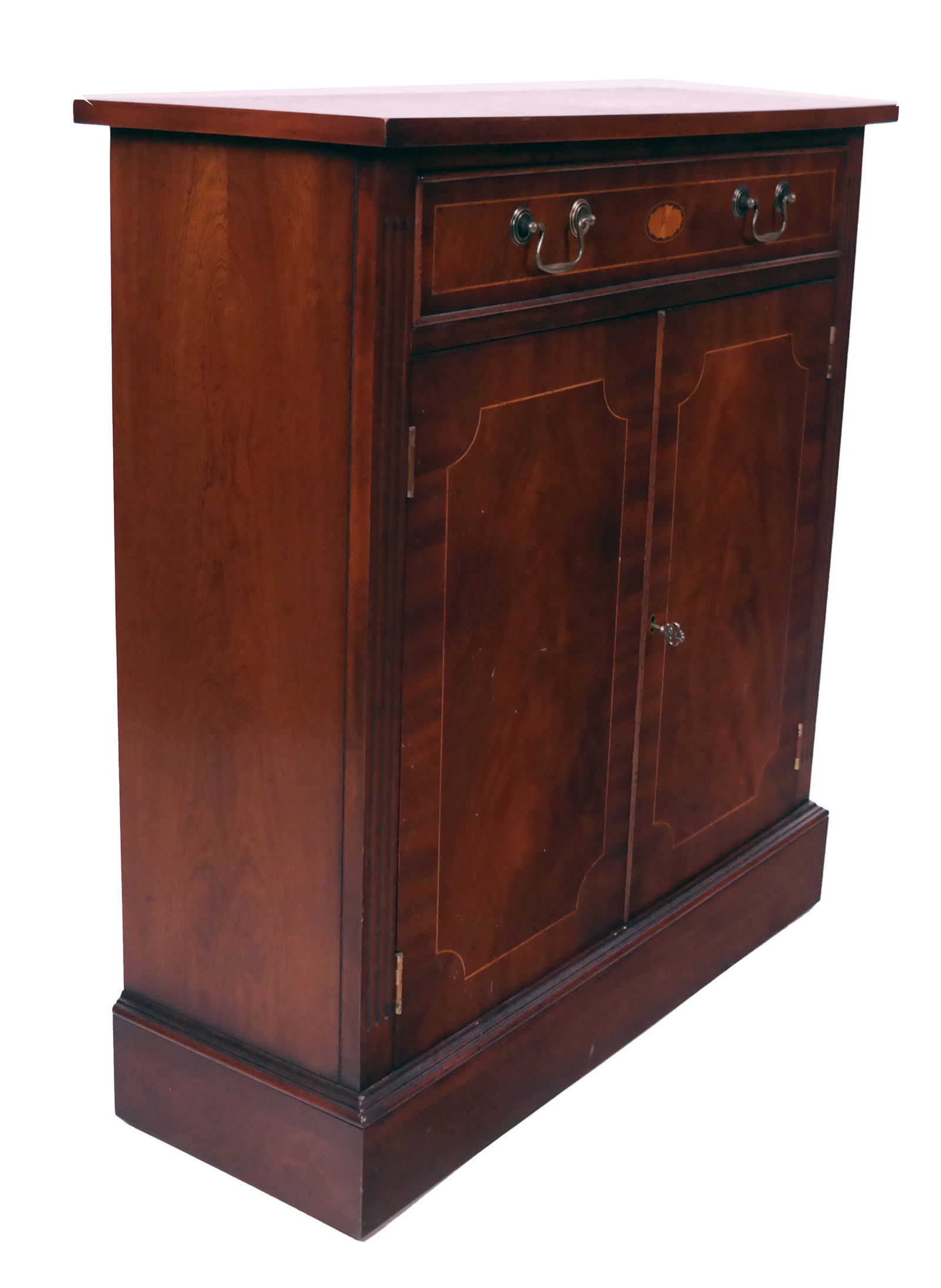 Mahogany Inlaid Two-Door Cabinet: Mahogany inlaid two-door cabinet with one drawer; includes an adjustable shelf. [33.75" H x 31.25" W x 11" D]. In overall good condition with some scuffs to veneer. Condition reports and requests for 