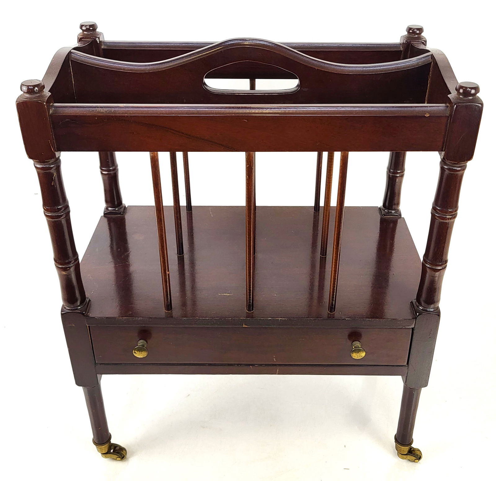 Custom Mahogany Canterbury: Custom mahogany canterbury on brass casters, American, 20th century. [21.5" H x 15" W x 9.75" D]. In overall very good condition. Condition reports and requests for additional photos cannot be accepte