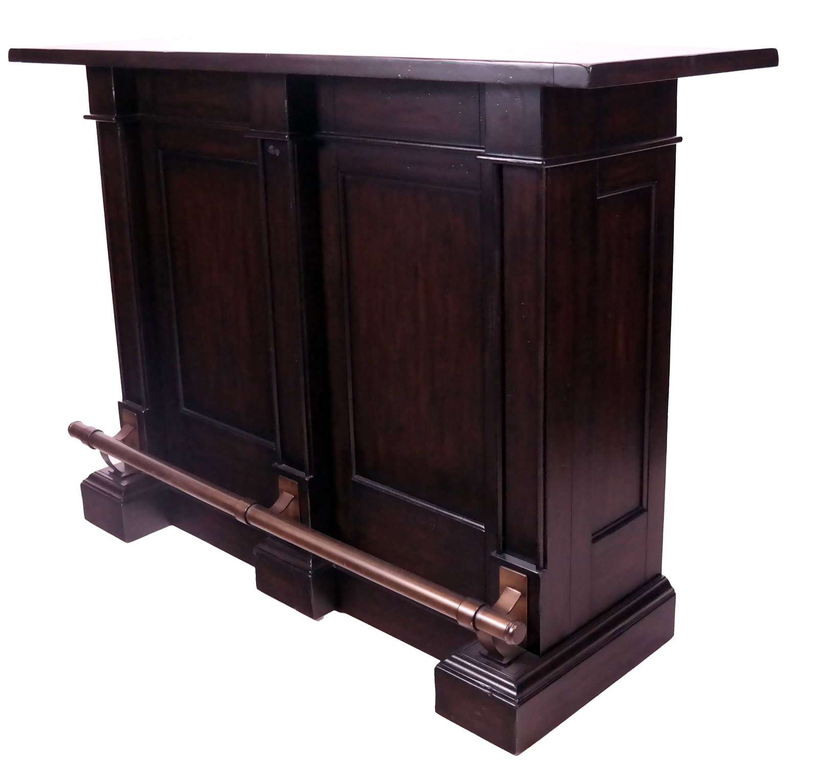 Stained Pine Bar / Cabinet: Stained pine bar/cabinet with shelves and wine rack at back, and brass-tone rail at front. [42.5" H x 56" W x 22" D]. In overall good condition. Condition reports and requests for additional photos ca