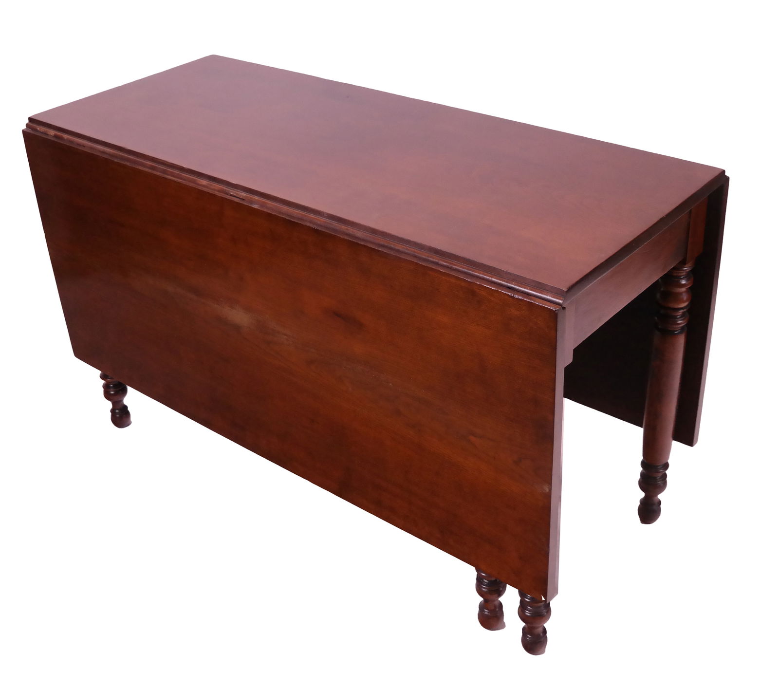 Sheridan Mahogany Drop-Leaf Table: Sheridan mahogany drop-leaf table with four normal and two swingout carved legs. [29" H x 20.5" W x 48" D (folded); 29" H x 60" W x 48" D (extended)]. In overall very good condition. Condition reports