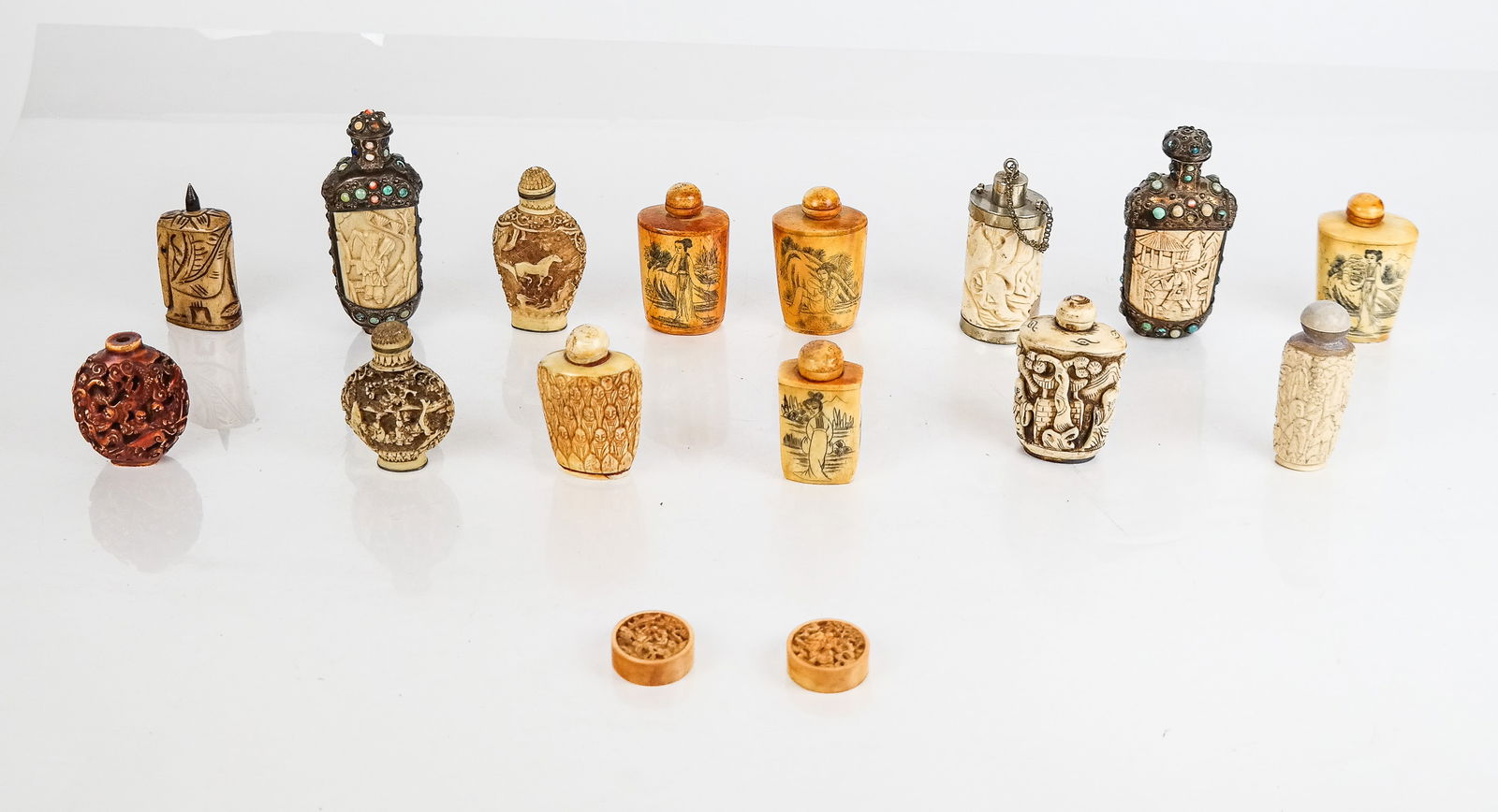 Group of Carved Snuff Bottles and Tokens (16) (1 of 16)