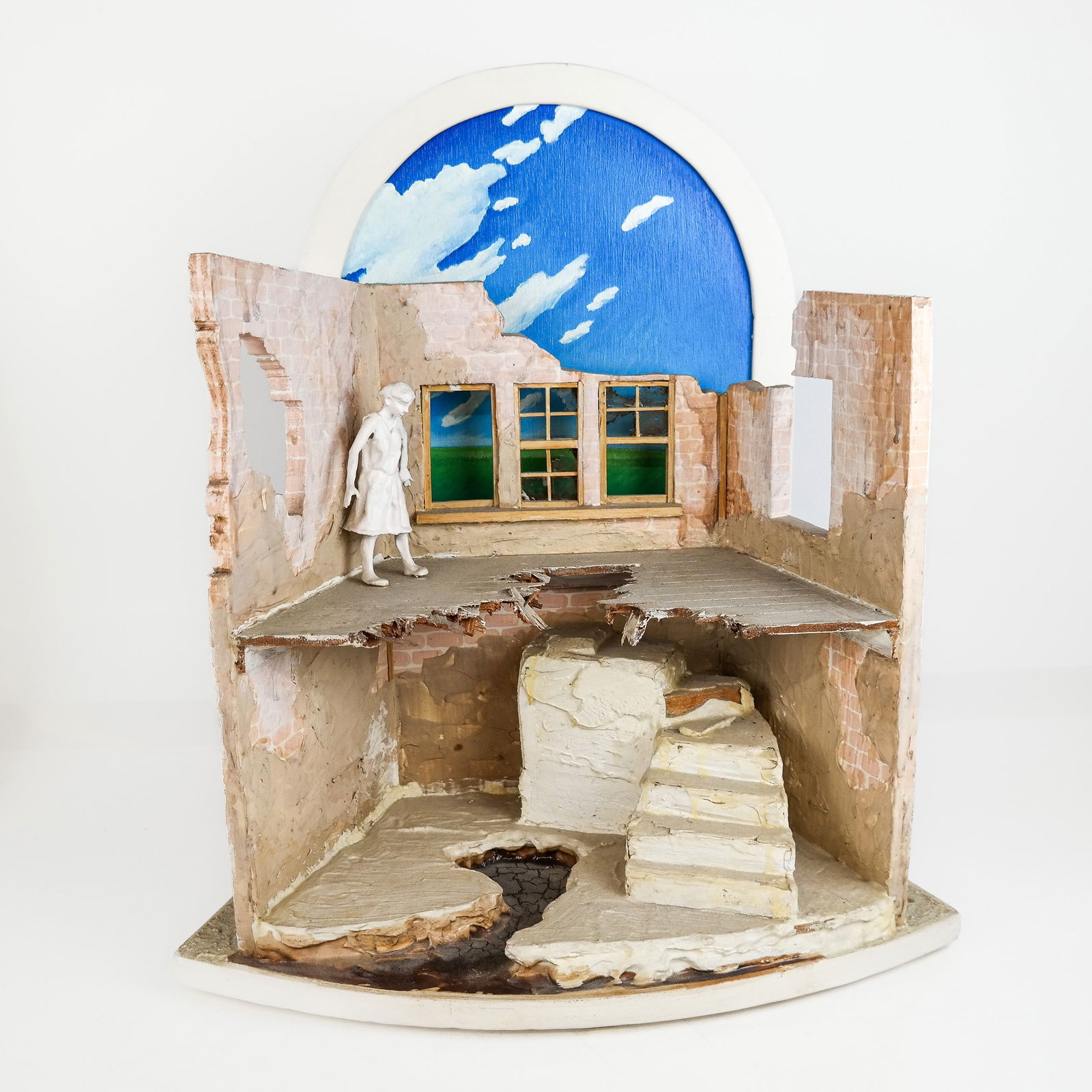 Judith HUF: Carved Wood Diorama of Room Interior: Judith Huf (American, 20th Century) carved wood diorama of interior room with a staircase and figure. Provenance: From the Collection of Brendelle & Fred Walden. [Approximately: 21" H x 17 1/2" W x 9"