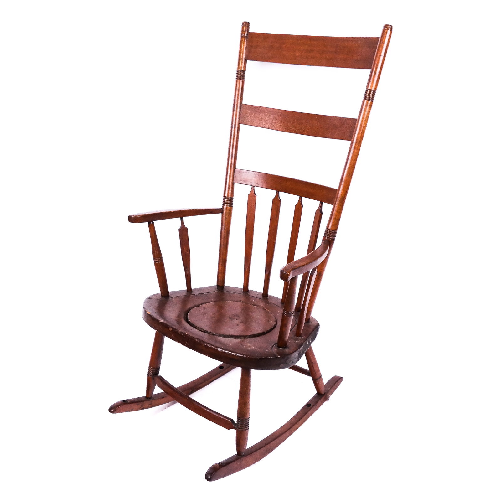 American Walnut Infirmary Rocking Chair: Antique 19th century American infirmary rocking chair with removable seat insert. [43 3/4" H x 24" W x 31" D]. Rails replaced. Condition reports and requests for additional photos cannot be accepted o