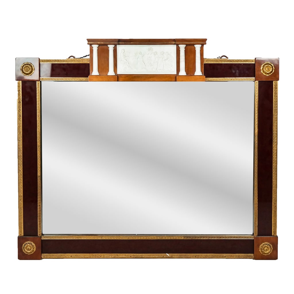 Louis XVI-Style Mahogany & Porcelain Mirror: Louis XVI-style mahogany and porcelain mirror, 20th century, inset with a copy of Bertel Thorvaldsen's "The Dance of the Muses on Helicon", accented with gilt metal rosettes and lines. [38" H x 44 1/2