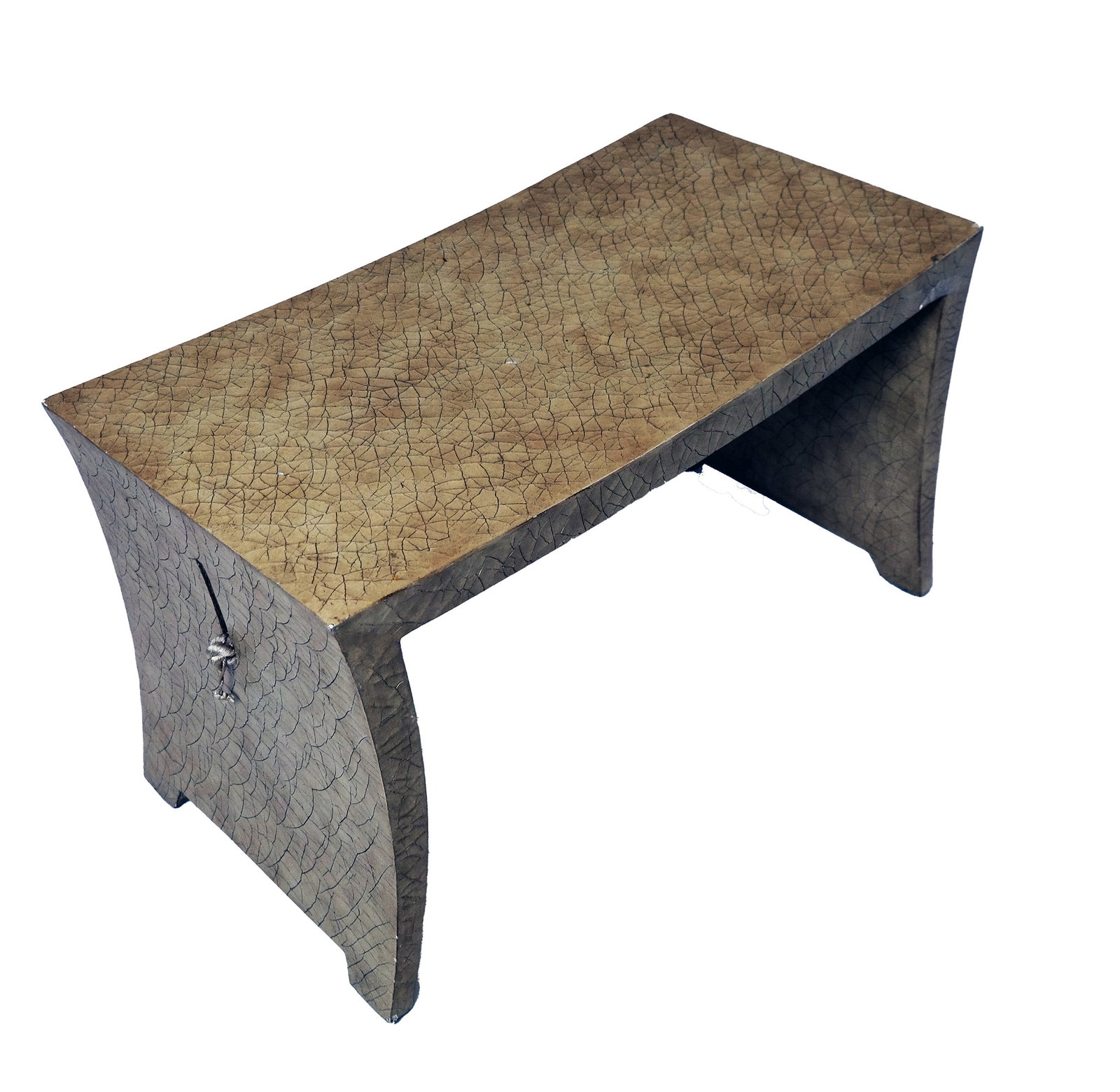 Modernist Faux Parchment Bench by Baker: Modernist faux parchment bench by Baker, having a white crackle finish on wood frame with tapered shape. [16" H x 28" W x 14 1/2" D].