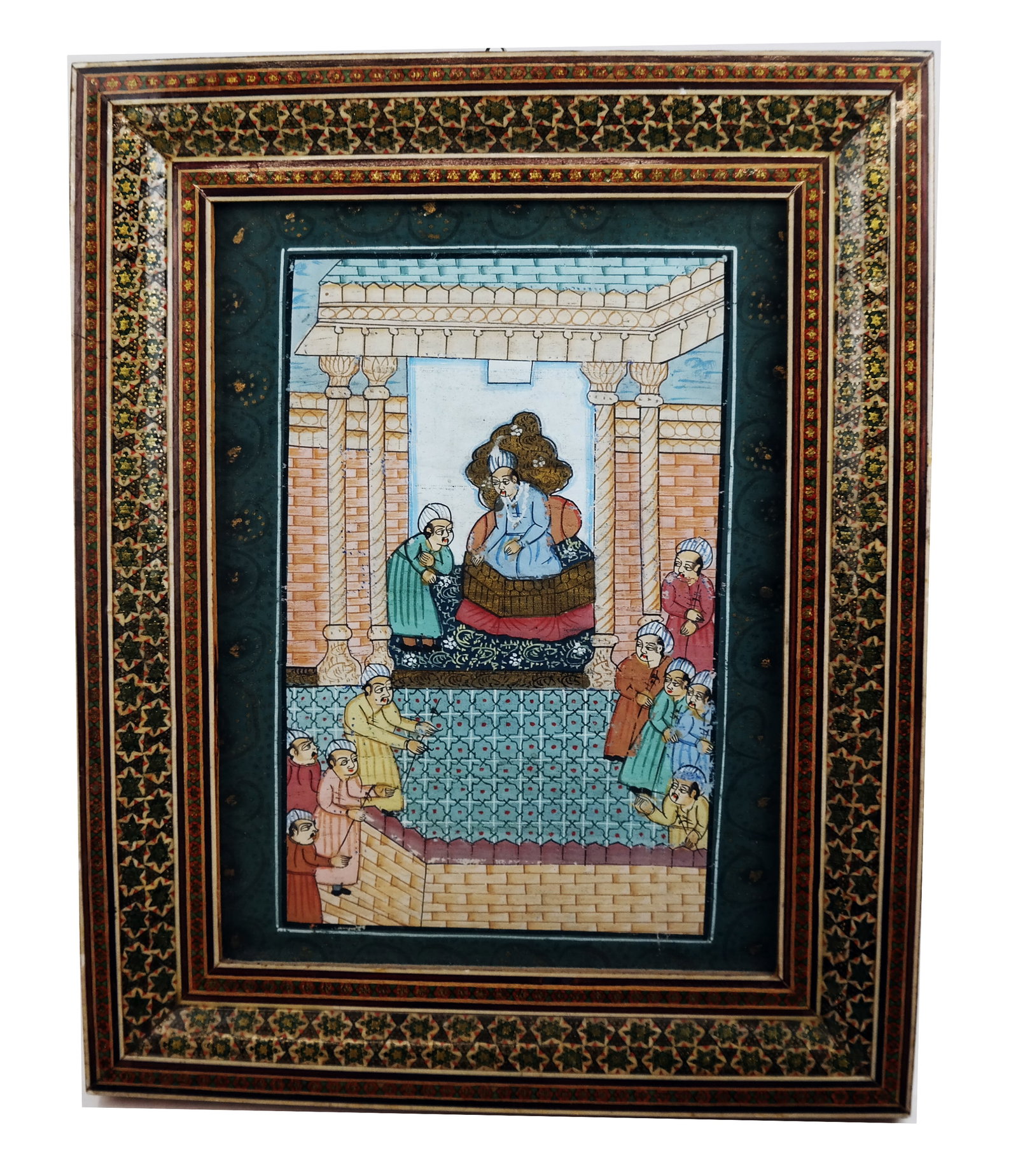 Mughal Court Scene in Inlaid Frame: Mughal court scene in inlaid wood frame. Gouche on linen [Sight: 9" H x 6 1/2" W; Frame: 12 1/4" H x 9 1/4" W x 3/4" D]. Image in good condition, with some flaking; frame in good condition, with no lo