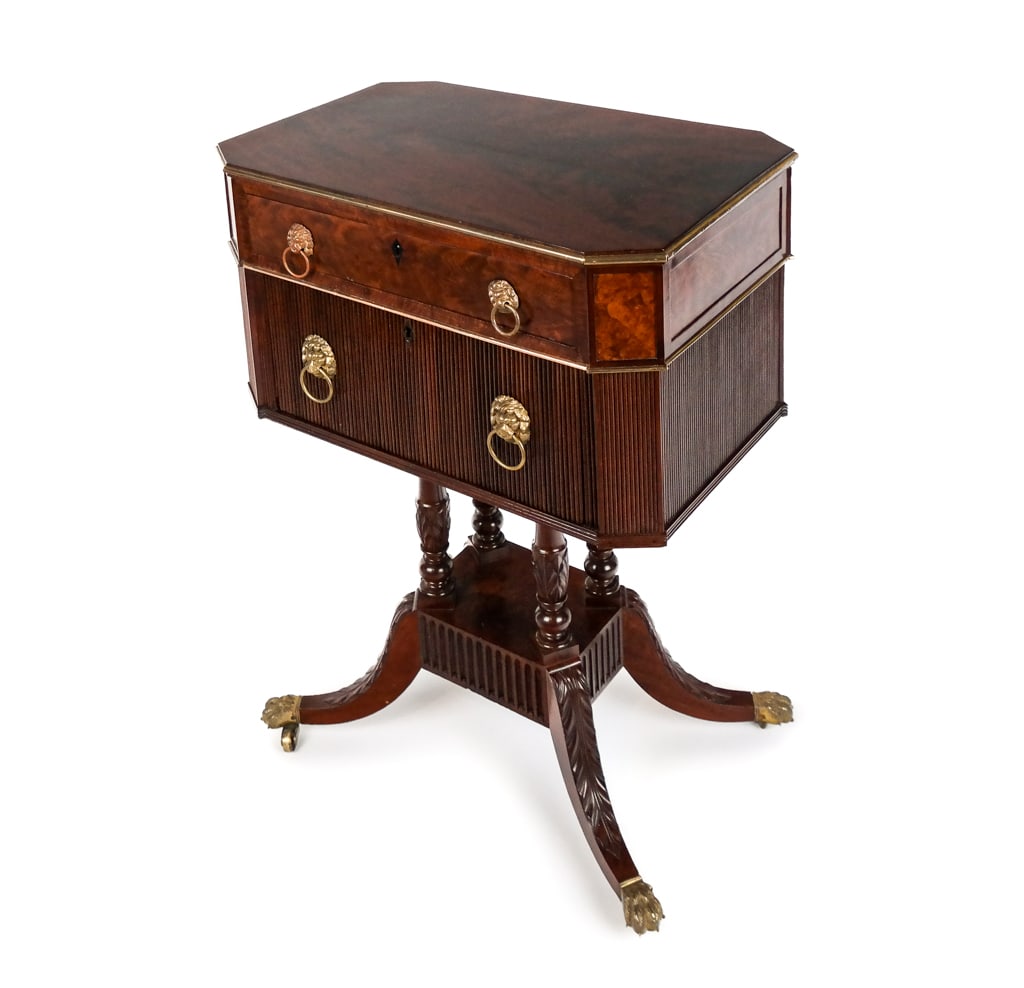 Duncan Phyfe Manner Mahogany Worktable: Duncan Phyfe manner mahogany worktable, 19th century, with a fluted sides and acanthus leaf decorated legs and lift top, a false upper drawer and a lower drawer; within there is a green baize writing