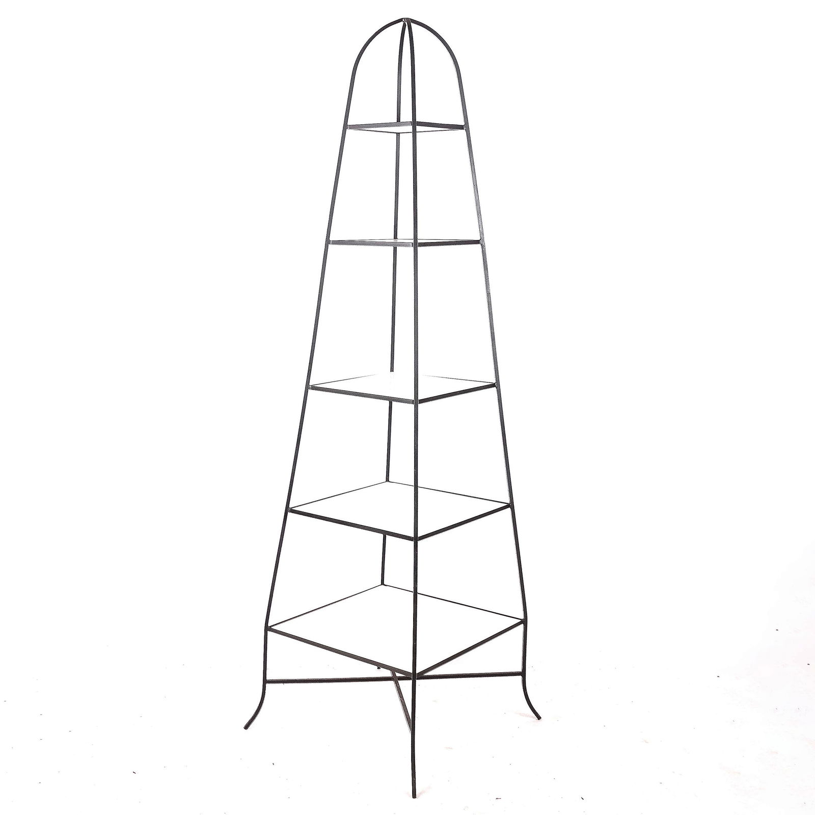 Modern Obelisk-Design Etagere: Modern contemporary 5-tier obelisk-design etagere with milk glass inset shelves. [80 1/2" H x 25" W x 25" D]. Condition reports and requests for additional photos cannot be accepted on this lot; pleas