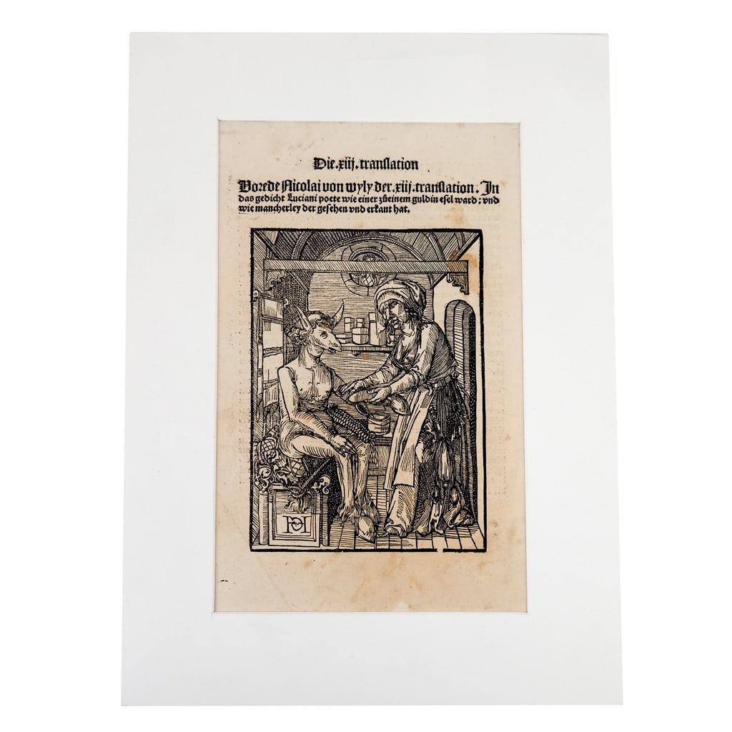 Hans Baldung GRIEN: "Golden Donkey..." - Woodcut: Hans Baldung Grien (German, 1484-1545) 16th century Old Master woodcut, double-sided, large 4to on laid paper, from "Translations" by Nicolai Von Wyly, depicting "The Golden Donkey and the Maid Palest
