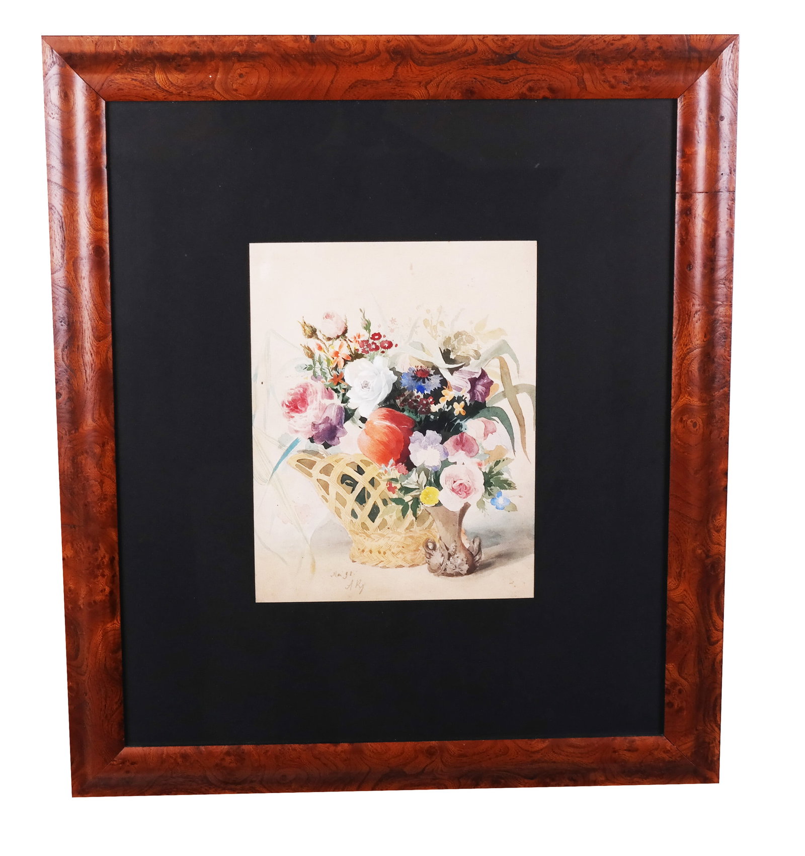 Alphonse RUY: Basket of Flowers - Watercolor: Alphonse Ruy watercolor painting of a basket of flowers with a small vase of flowers on a table still life, initialed "AR" and noted on back "Paris, 1898". [Art: 12 1/2" H x 10" W; Frame: 27" H x 23" 