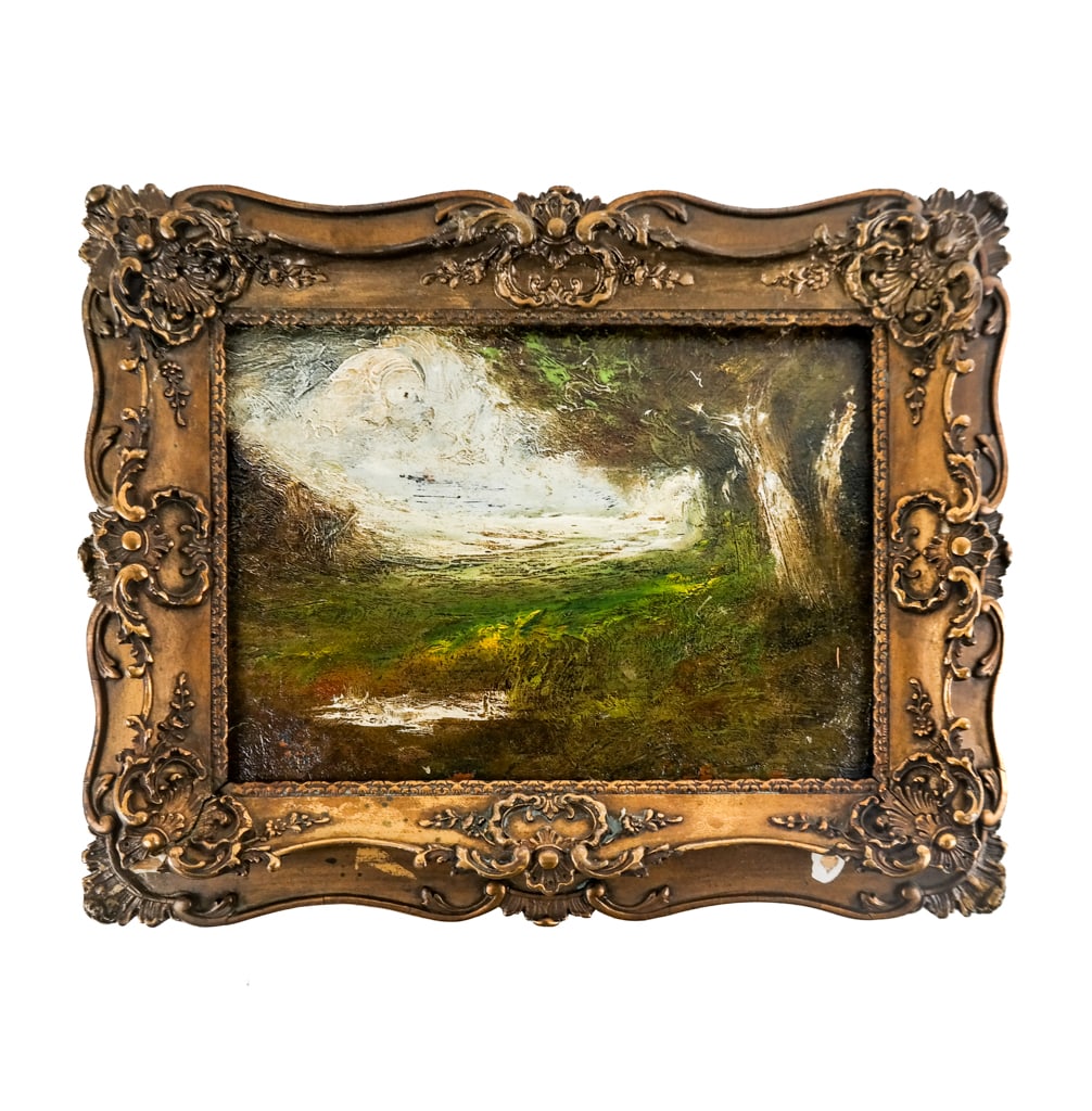 John William LAWLOR: Landscape on Panel: John William Lawlor (Irish/English, 1820-1901), 19th century moody landscape on panel, signed verso. [Art: 5" H x 7" W; Frame: 8" H x 10" W]. In good condition. Condition reports and requests for addi