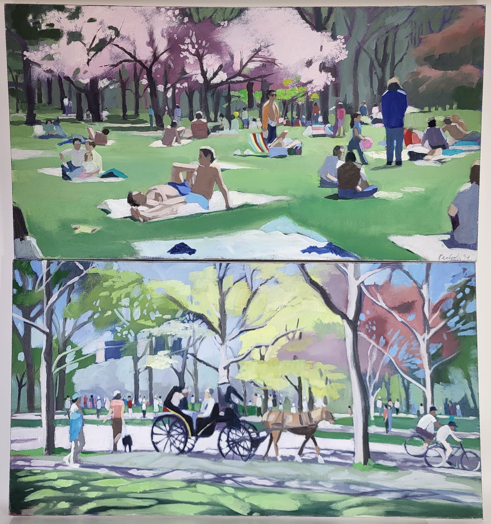 Louise PEABODY: Pair of Paintings of Central Park: Pair of 1995 oil paintings on canvas by Louise Peabody (American, b. 1944), depicting Central Park NYC scenes, including a coach, horses and buggy, figures in semi-nude sun bathing, dogs, and other su