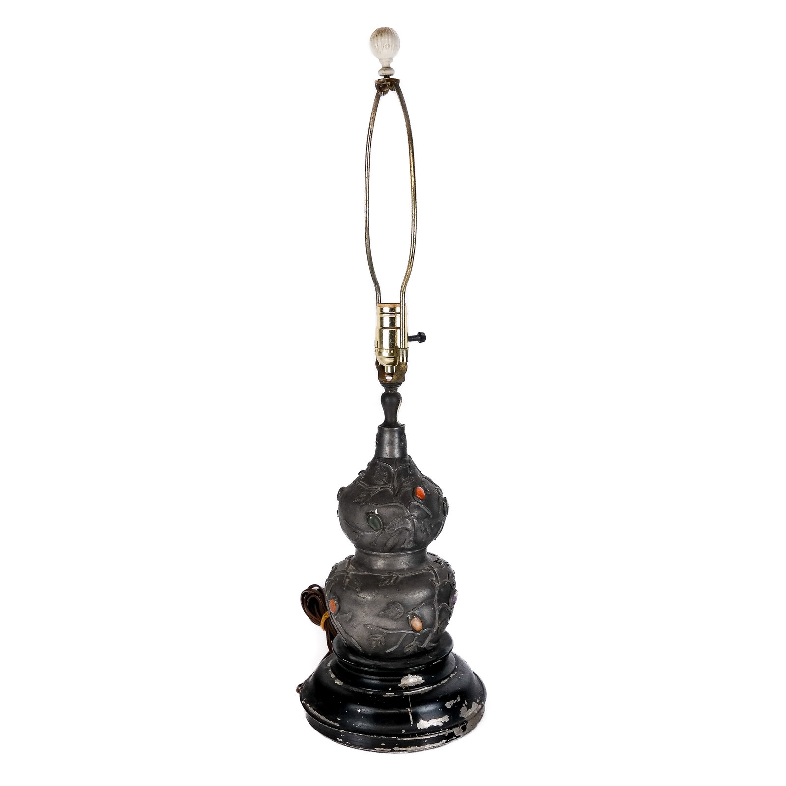 Japanese-Inspired Metal & Gemstone Lamp: Japanese-inspired metal and gemstone lamp, of double baluster form, the branches accented with cabochon gemstones. [Overall: 28 1/2" H (to finial) x 8 1/2" Diam.]. Significant wear with losses; some s
