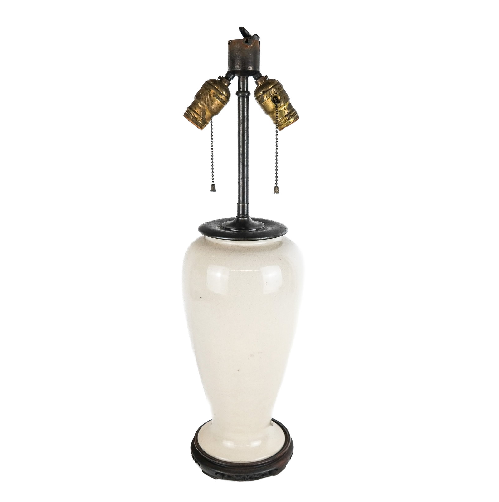 Chinese Blanc de Chine Vase Mounted as a Lamp: A Chinese blanc de chine vase mounted as a lamp on a wood base. [22.5" H x 6.5" Diameter]. In overall good condition with a chip to the wooden base and missing finial hardware at top; wires removed. C