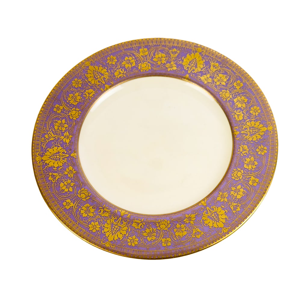 Royal Worcester Gilded Cake Plates (12): Twelve Royal Worcester for B. Altman & Co. cake plates, English, 20th century, with wide violet border with gilt decoration and cream colored center, marks to base [8" Diameter] Overall condition is g