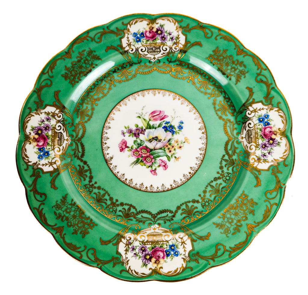 Royal Bayreuth Bavarian Dinner Plates (11): Eleven Royal Bayreuth Bavarian green and floral decorated dinner plates with gilt accents and scrolls, German, 20th century, marks to base [11" Diameter] Overall condition is good.