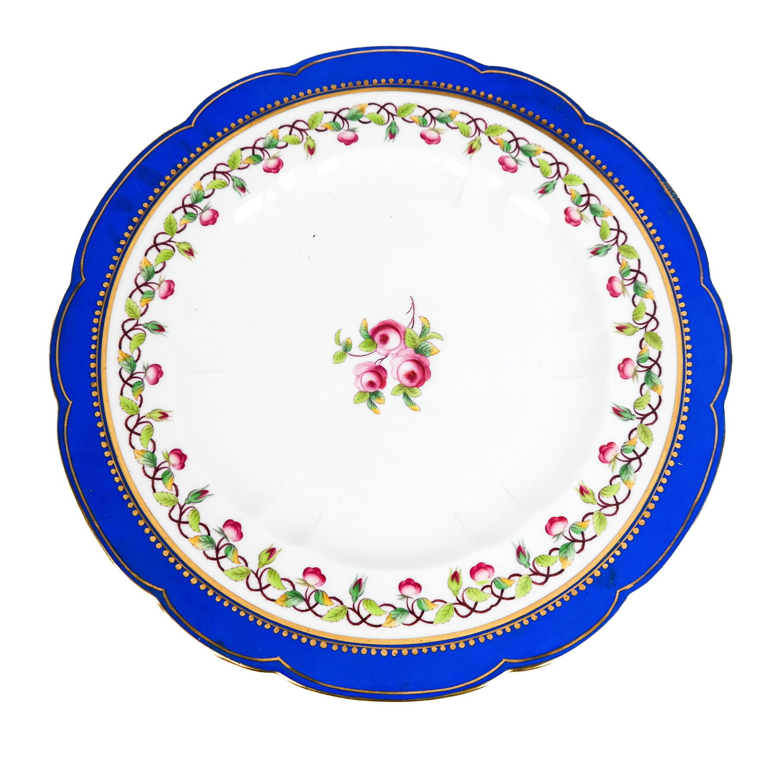Rose Decorated Porcelain Luncheon Plates (11): Eleven rose bud decorated and blue bordered porcelain luncheon plates, English, 20th century [9.75 " Diameter]. Overall condition is good. Condition reports and requests for additional photos cannot b