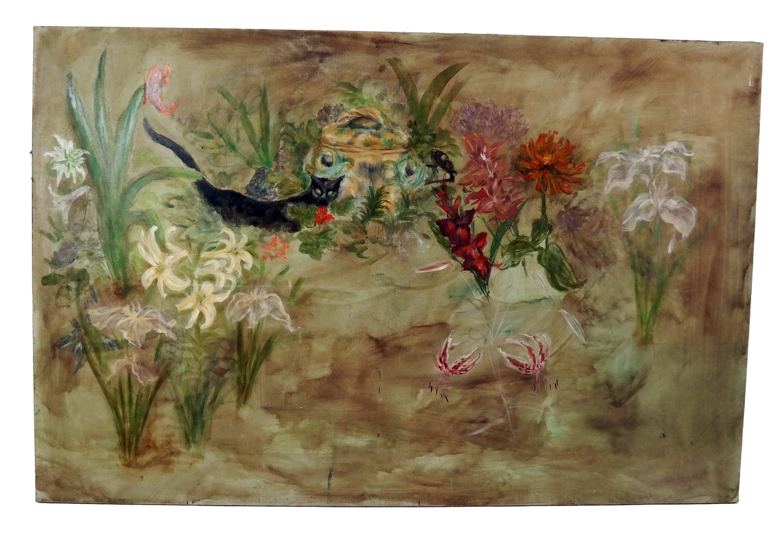 Large Still Life with Cat - Oil Painting: Unframed oil on canvas painting of a still life with cat, unsigned. [46" H x 70" W]. In overall good condition; minor holes and abrasions. Condition reports and requests for additional photos cannot b
