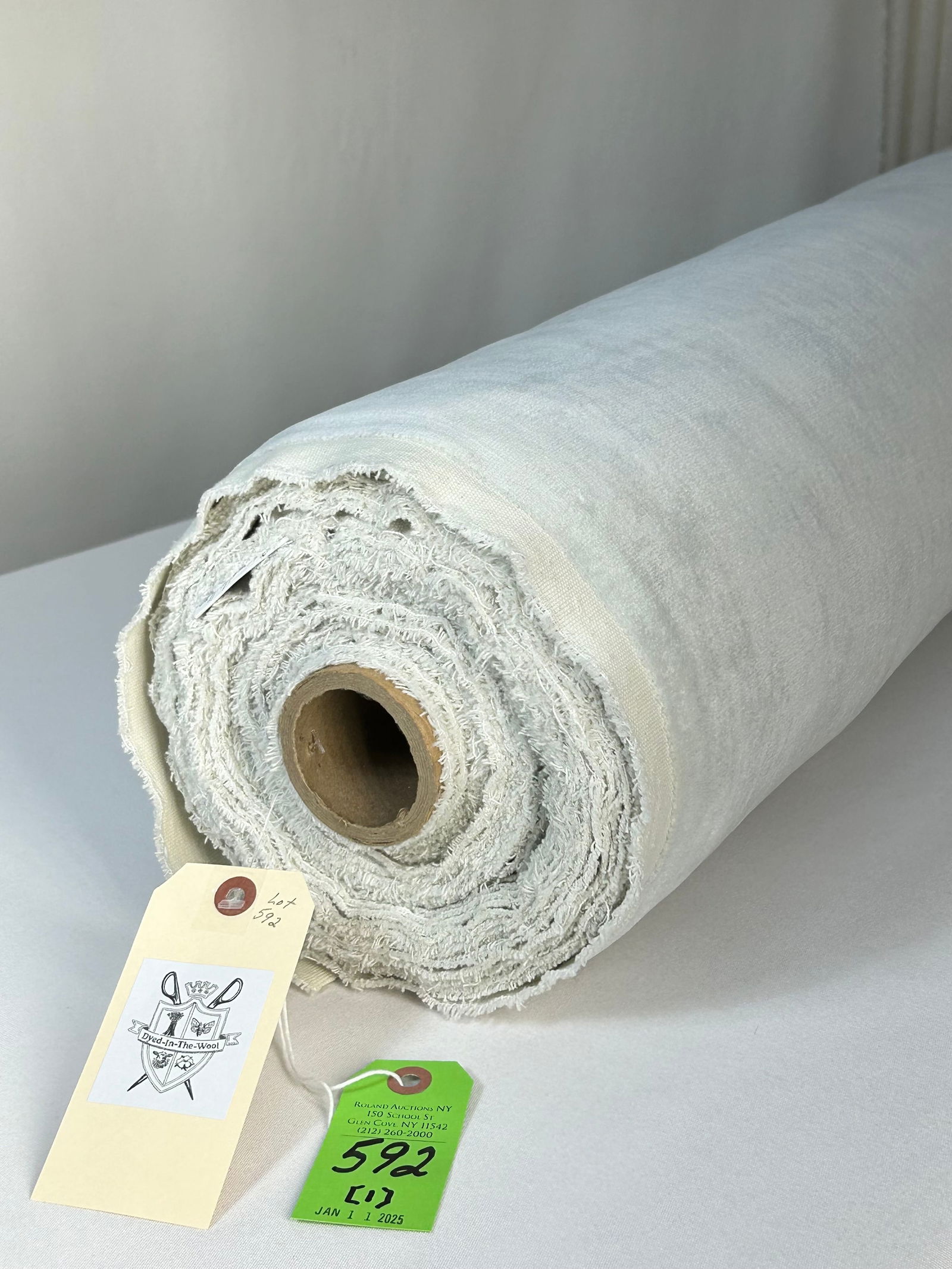 Rogers & Goffigon's Linen-Faced Velvet Fabric: 14 1/4 yards of Rogers & Goffigon's light sea foam-colored linen-faced upholstery velvet, item # 92213-05, 56" width. Two lengths on one tube: 8 yards plus 6 1/4 yard (outside). In good condition.