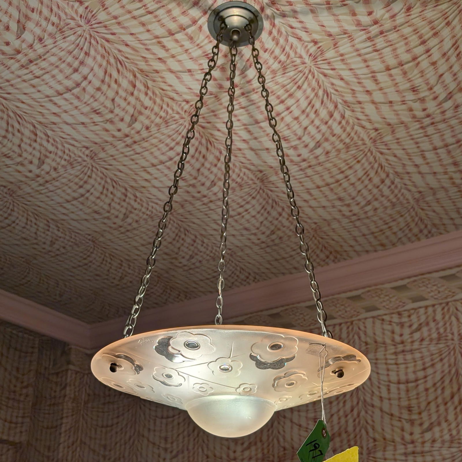 Degue Art Deco Frosted Glass Chandelier: Degue Art Deco frosted and glass chandelier, 20th century, French, decorated with stylized flowers, mark to shade. [4.5" H x 17.5" Diameter, chain 32.5" L] Property of an important NY philanthropic fa