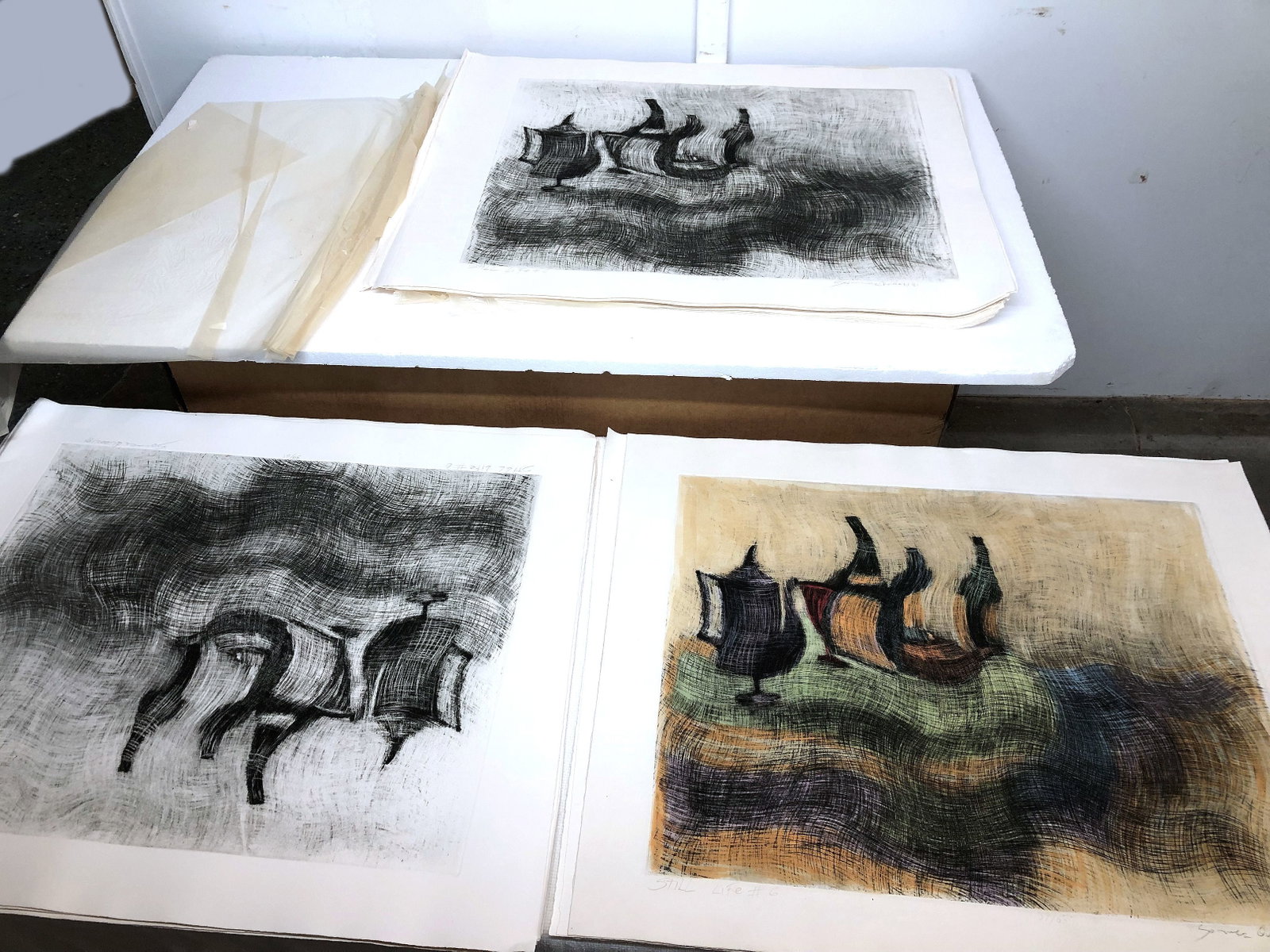 Estate of Juan Gomez Quiroz: Still Life #6 Print - 56 Lithographs: Collection of Prints from the estate of Juan Manuel Gomez-Quiroz (Chilean, 1939-2021) group of 54 black and white and 2 hand colored lithographs titled "Still Life #6" depicting abstract table still l