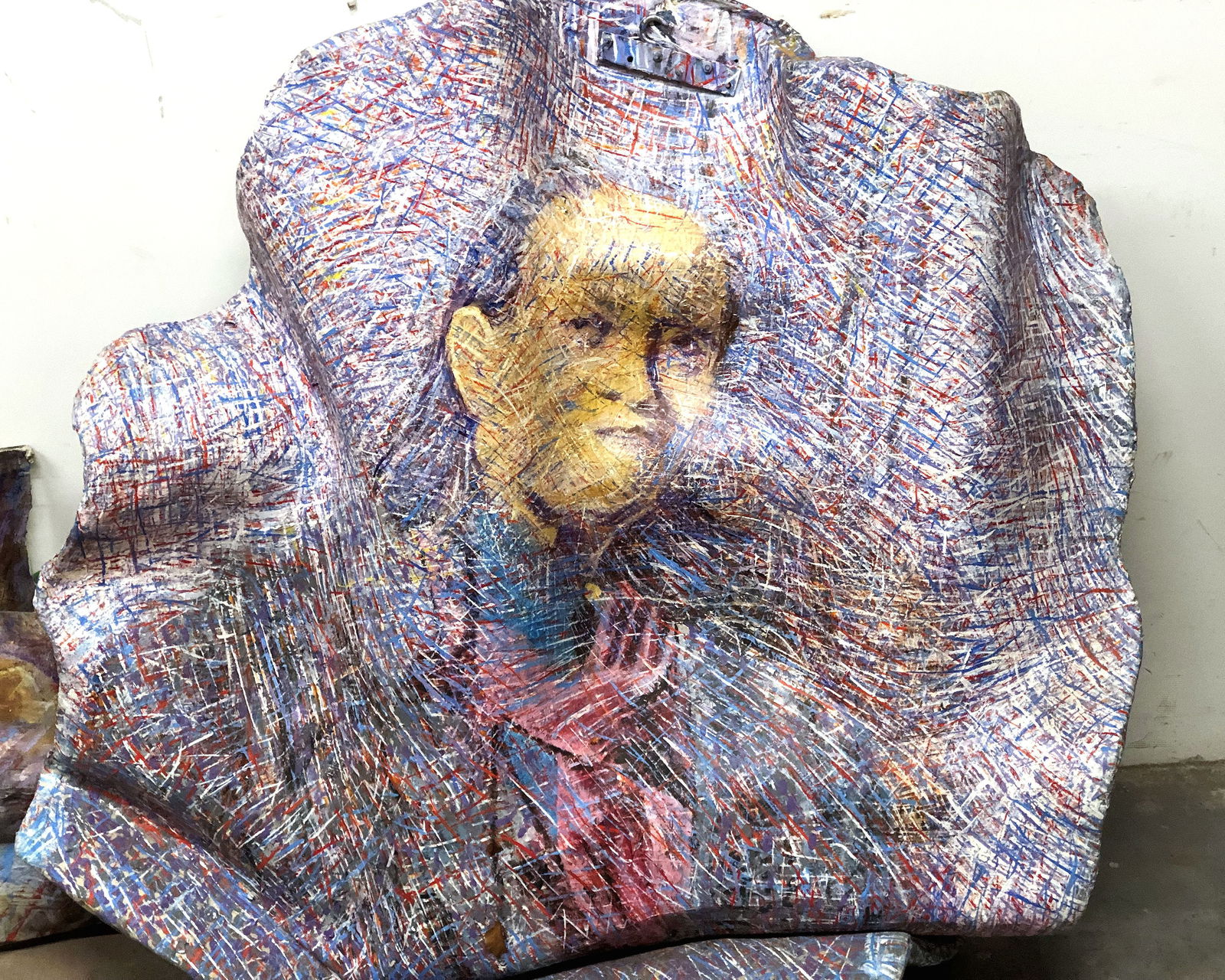 Estate of Juan Gomez Quiroz: Double Portrait Painted Sculpture: From the Estate of Juan Manuel Gomez-Quiroz (Chilean, 1939-2021) 3D painted plaster sculpture painting with double portrait. [Approx.: 46" H x 46" W]. Fair condition. Photos taken at warehouse.