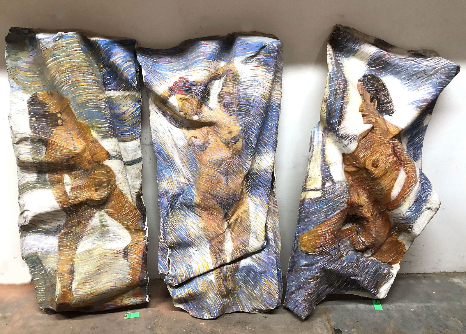 Estate of Juan Gomez Quiroz: 3 Nude Painted Sculptures: Collection of art from the estate of Juan Manuel Gomez-Quiroz (Chilean, 1939-2021) three 3D painted plaster sculpture paintings depicting colorful abstract reclining nudes. [Largest approx.: 59" H x 3