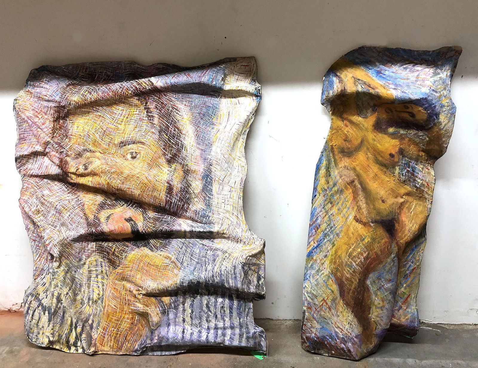 Estate of Juan Gomez Quiroz: 2 Plaster Painted Sculptures: Pair of original art from the estate of Juan Manuel Gomez-Quiroz (Chilean, 1939-2021) two 3D painted plaster sculpture paintings including one nude portrait and one of a figure smoking a pipe. [Larger