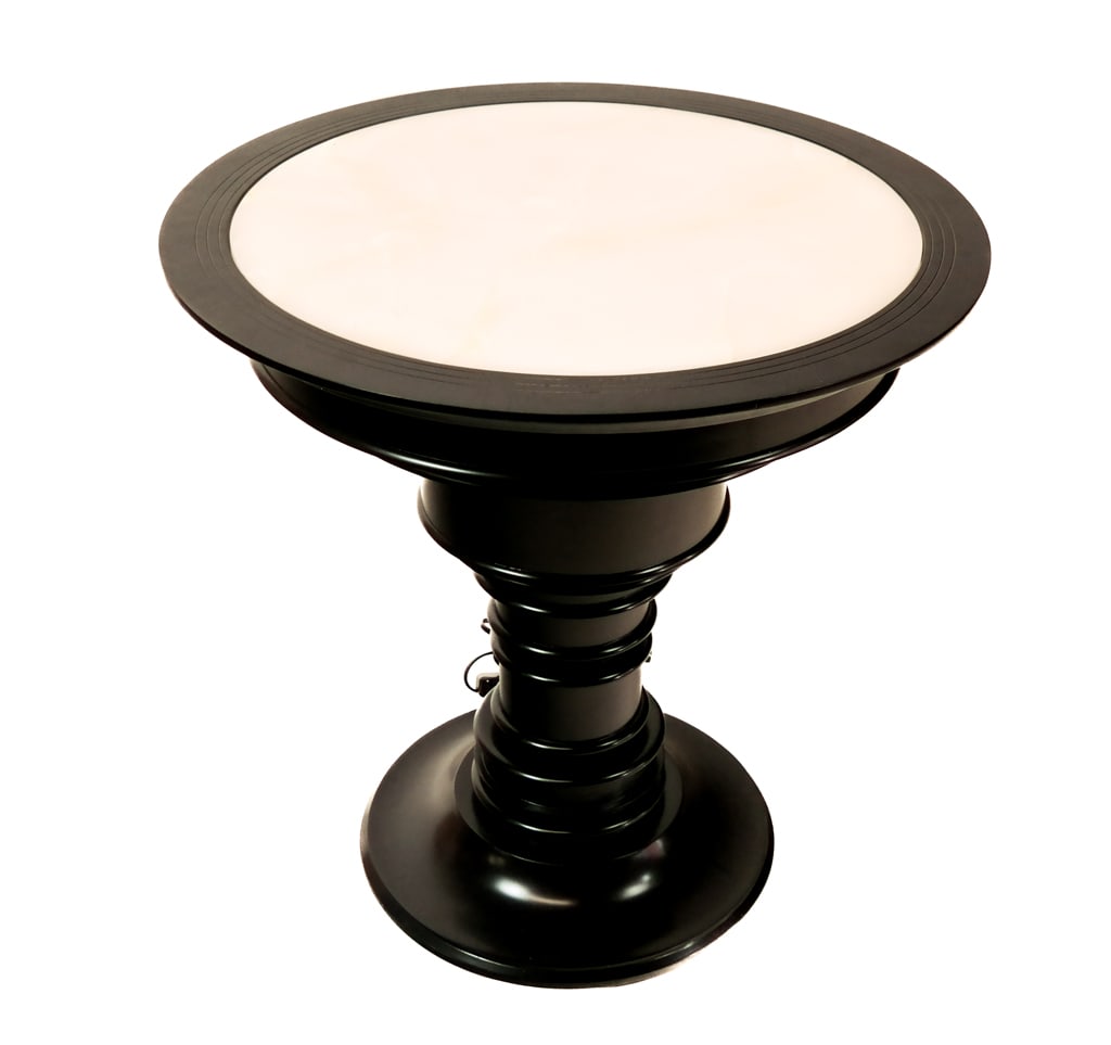 Holly Hunt Therien Cocktail Table: Modern black illuminable round cocktail table / end table with an alabaster inset top. [24.5" H x 24" diameter]. In good condition; light not tested.