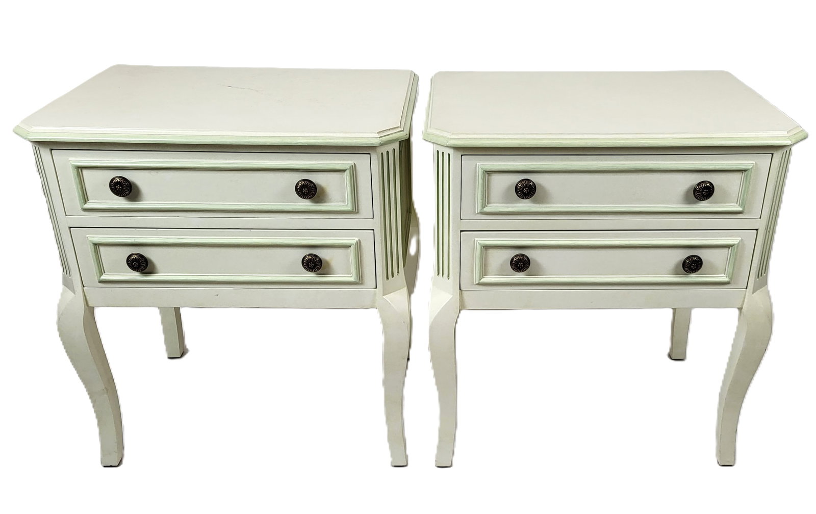 Pair of Decorated Nightstands: Pair of green and white decorated nightstands, 20th century, with two drawers each. [28" H x 25" W x 17.5" D]. In overall good condition. Condition reports and requests for additional photos cannot be