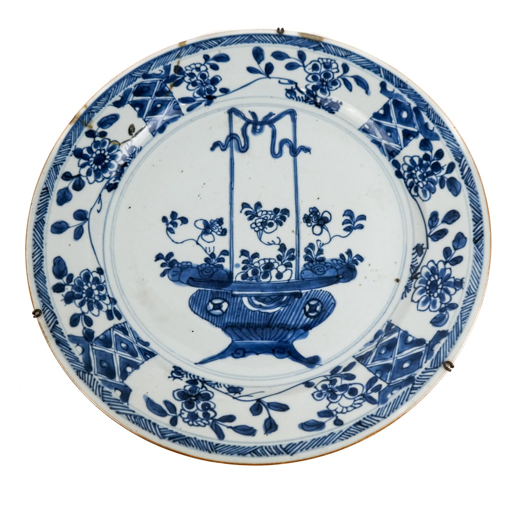 Chinese Blue and White Plate: Chinese porcelain decorated plate, 19th-20th century. [10.75" diameter]. Repairs. Condition reports and requests for additional photos cannot be accepted on this lot; please bid accordingly. This is n