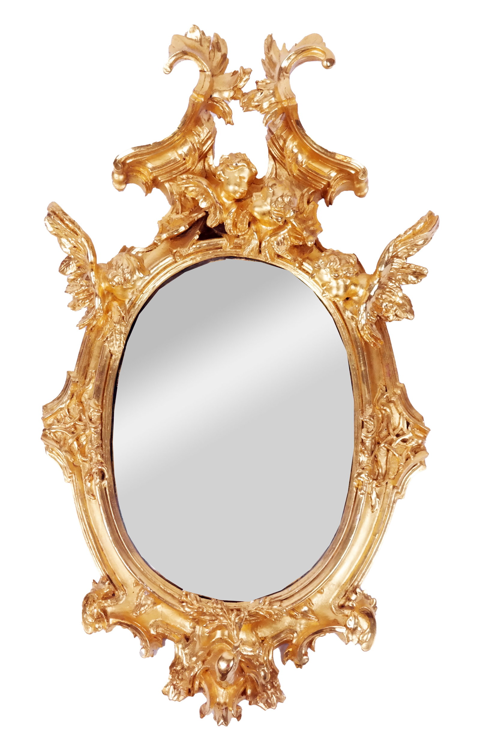 Regence Giltwood Convex Mirror: Regence giltwood figural and convex mirror, 20th century, decorated with putti [44" H x 26" W x 8" D] Overall condition is good, repair to top left, crack at bottom left. Property from an Old Westbury
