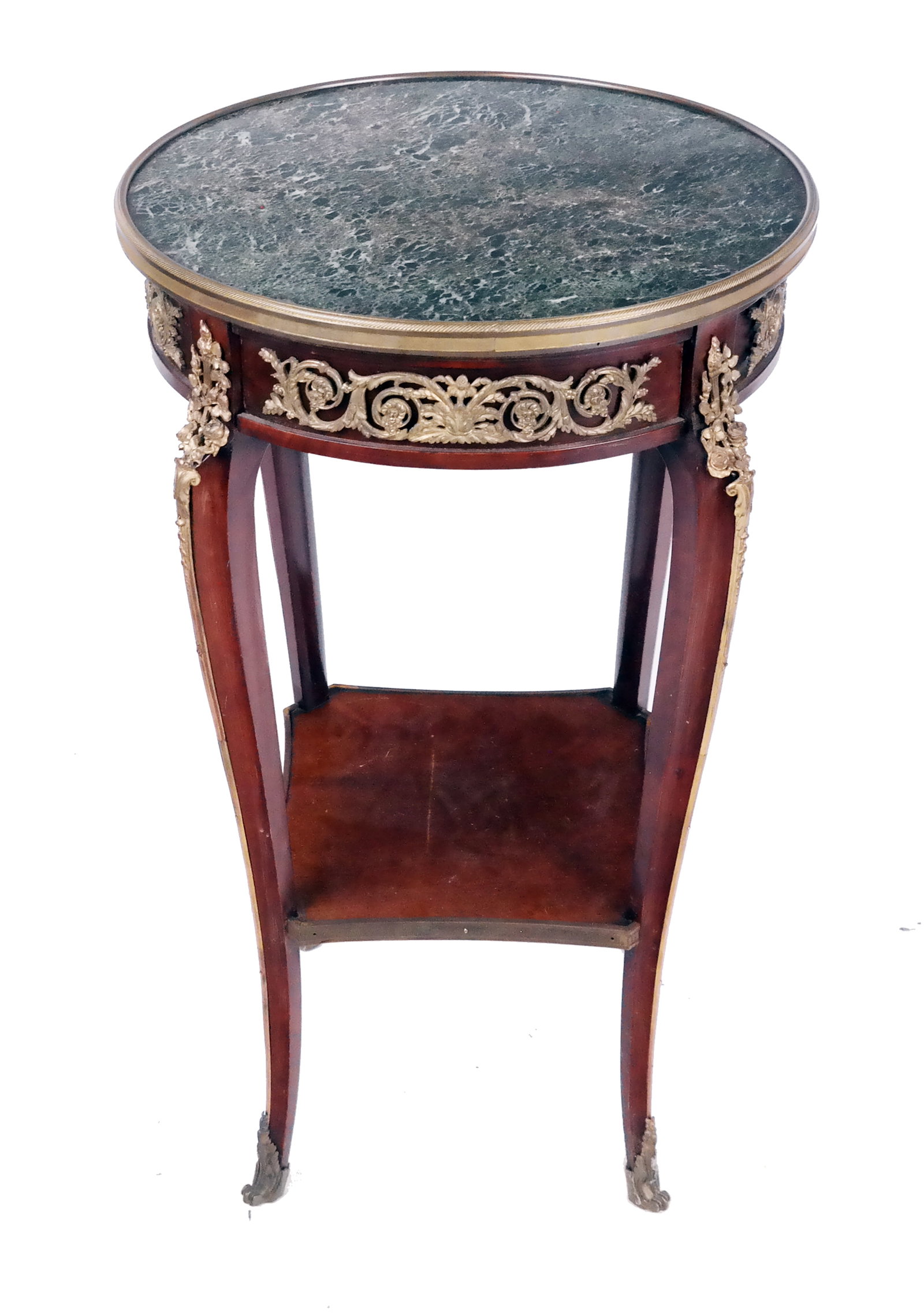 Louis XV Gilt Bronze and Mahogany Gueridon: Louis XV gilt bronze, mahogany and marble top gueridon, 20th century [30" H x 17" Diameter] Condition is good, wear commensurate with age, nail deficient. Property from an Old Westbury Long Island Pri
