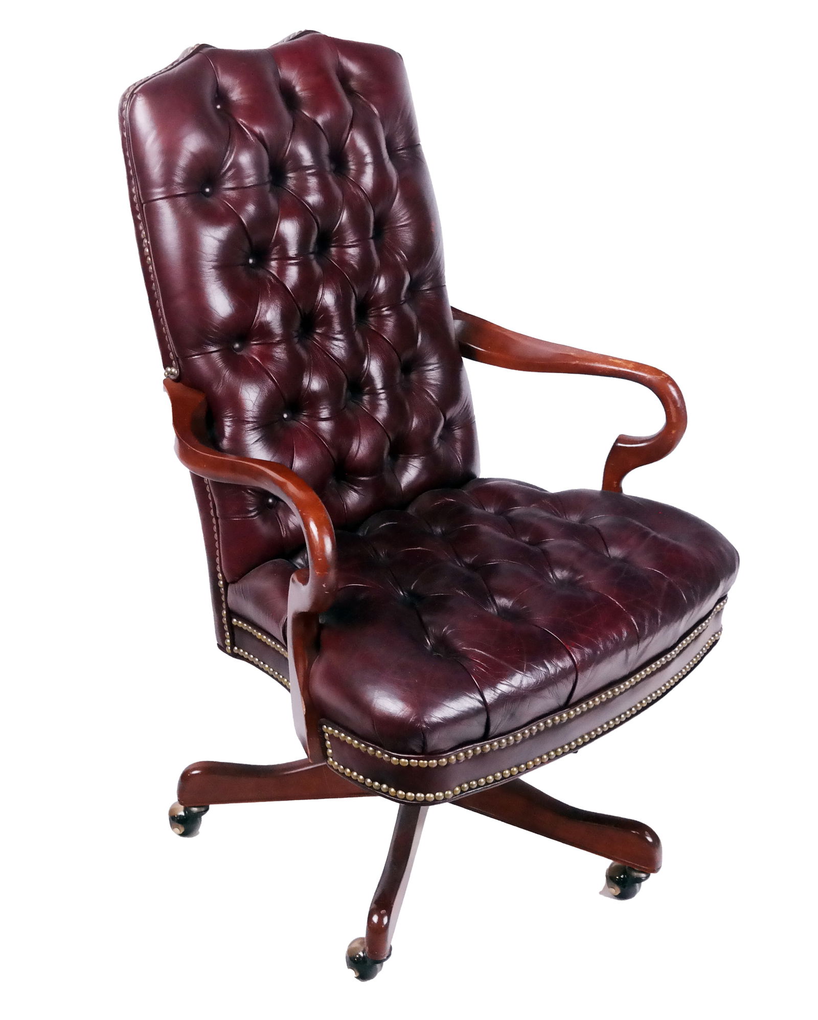 Tufted Leather and Mahogany Swivel Desk Chair (1 of 7)
